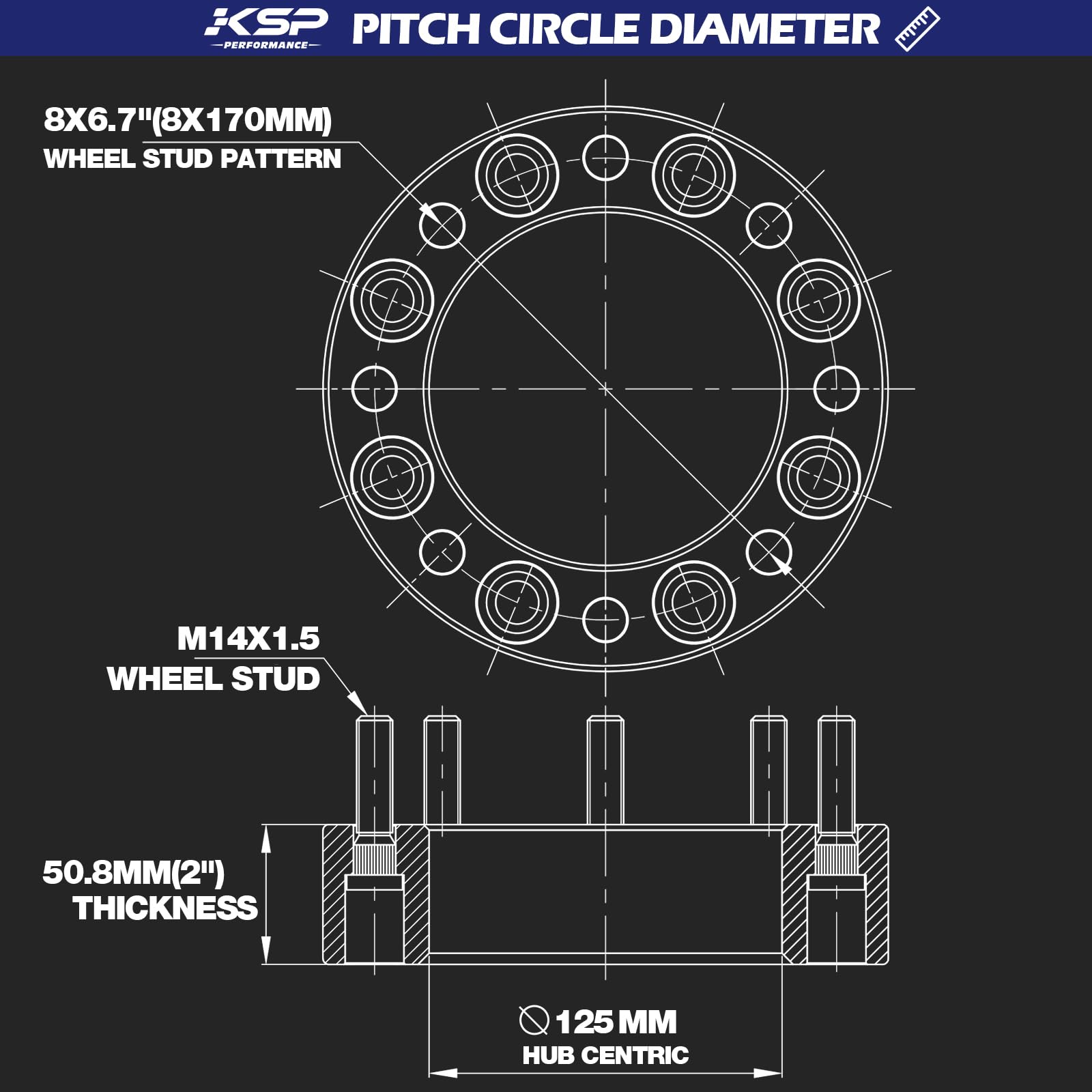 KSP PERFORMANCE 8x170 Wheel Spacers, 2" Heavy Duty Aluminum, 14mmx1.5 Studs, Black, Model 6081KT, Fit F250 F