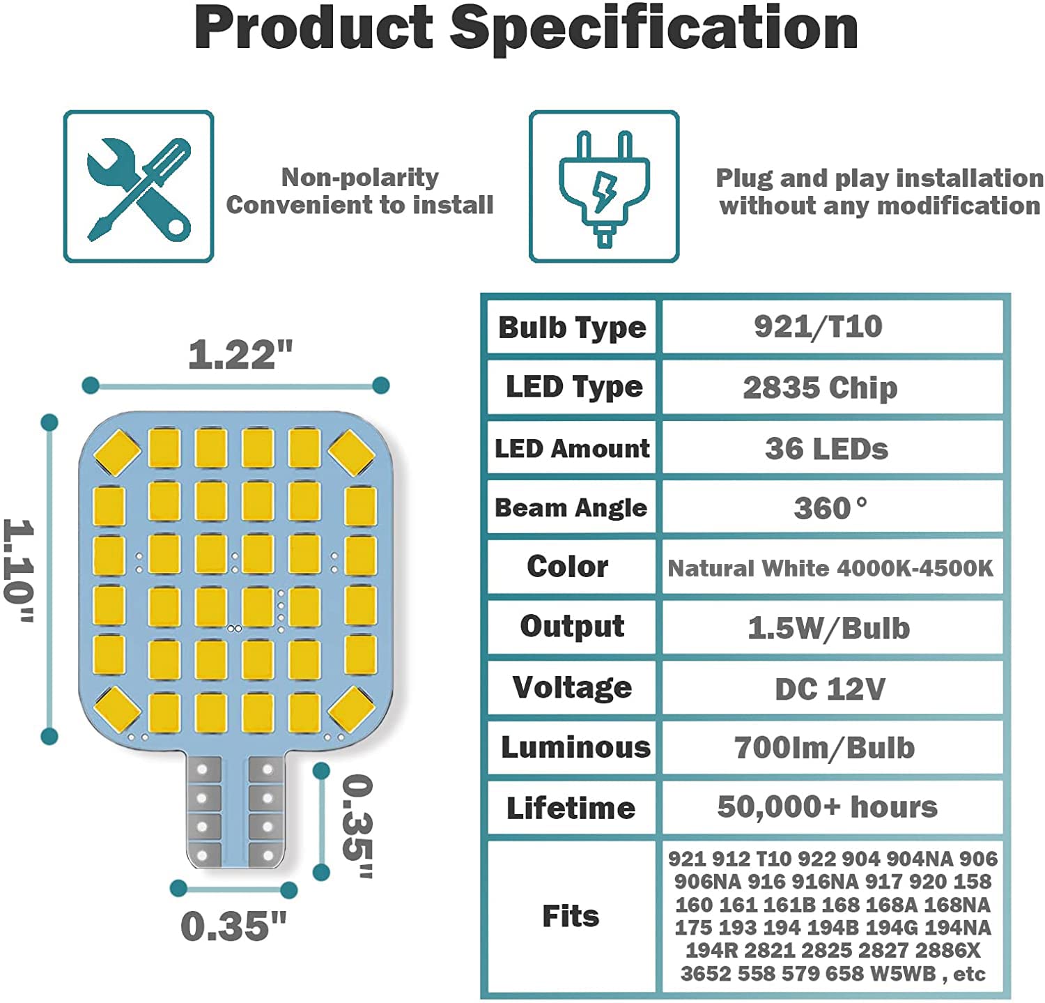 20Pcs T10 921 922 912 194 Rv Interior Led Light Bulbs, Super Bright Led Bulbs Replacement Lighting 36-Smd 2835 4500K Natural Whi