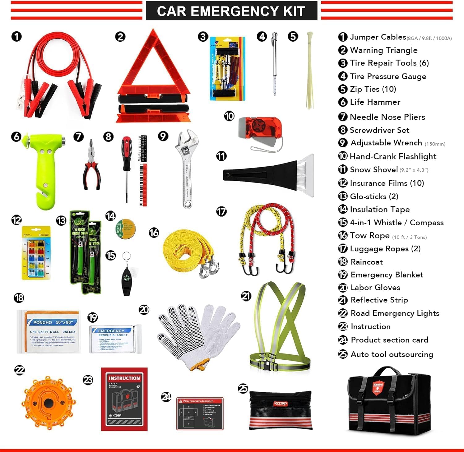 Kitgo Car Emergency Kit - 126 Piece Roadside Assistance Set, Black, Jumper Cables & Tow Rope, Ideal for Truck & RV Safety