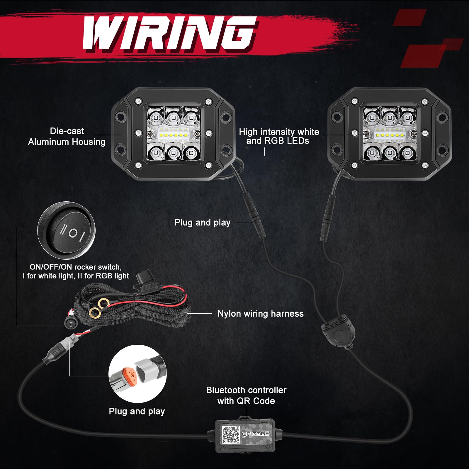 OFFROADTOWN RGBW Flush Mount LED Work Lights, 5inch, 60W, Aluminum, Model 708309, Super Bright Fog Lights for Truck UTV ATV SUV 4x4