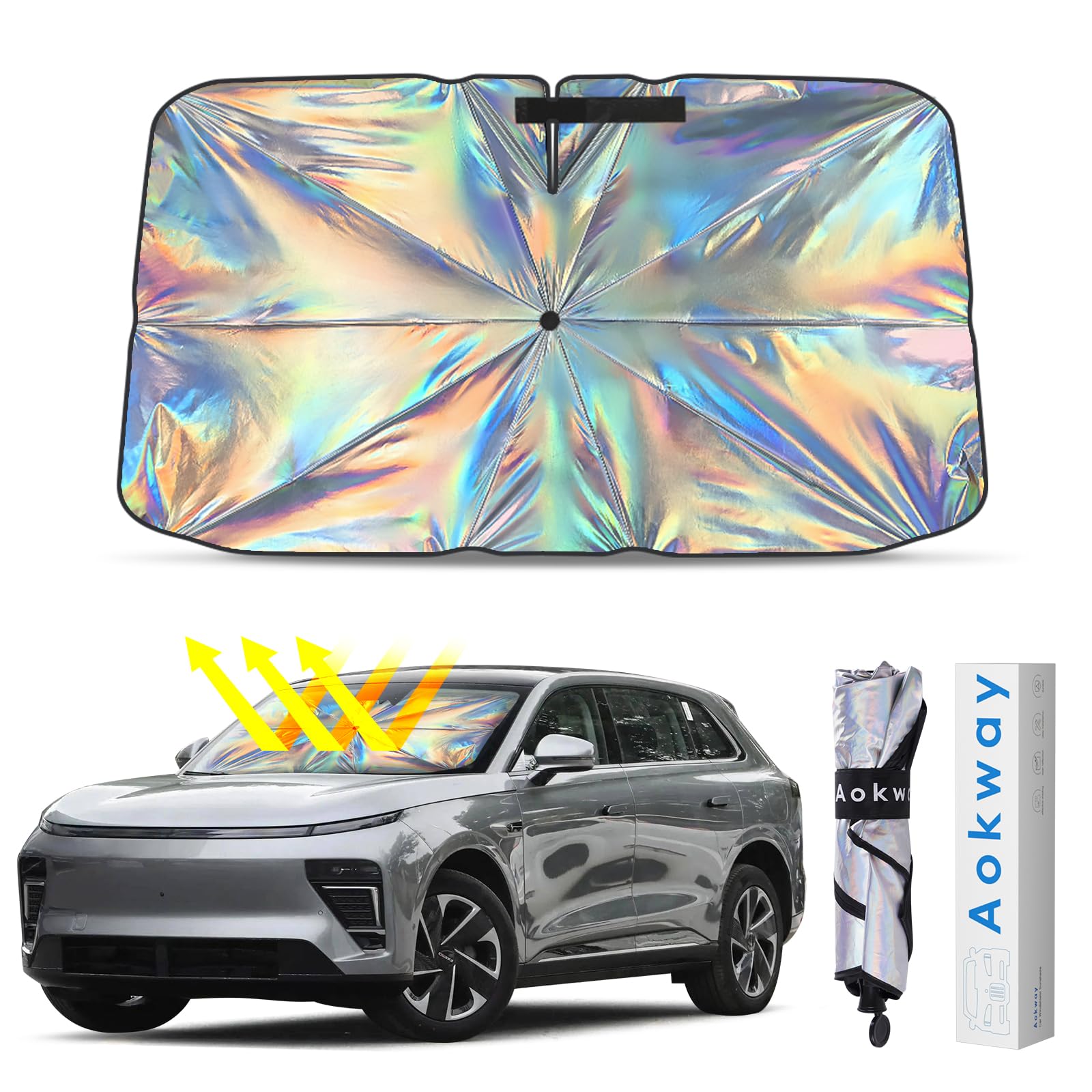 AOKWAY Sun Shade for car Windshield 55x31.5 inch, Foldable Car Front Window Sunshade with 360Rotation Handle, Auto Sunshade Bloc