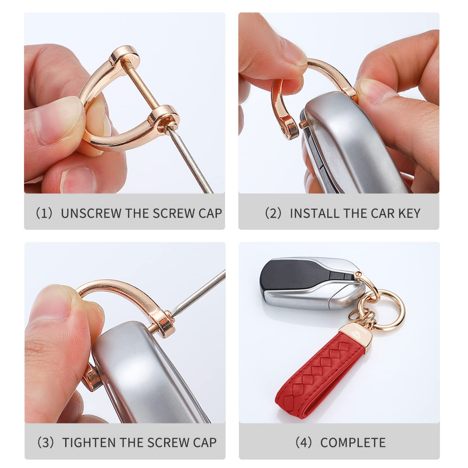 Hamdecro Genuine Leather Keychains, Handmade Knit Sheepskin Car Key Chains For Women, Universal Key Fob Holder With 360 Degree Rotatable, Anti-Lost D-Ring, 2 Keyrings And 1 Screwdriver - Red