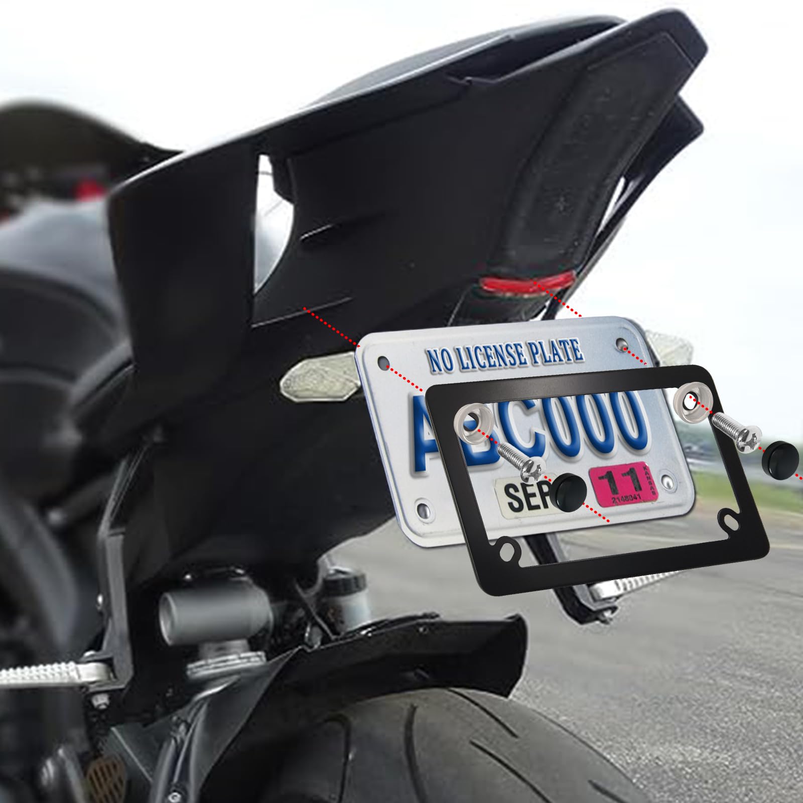 FBJTDQ Motorcycle License Plate Frame- Black Matte Stainless Steel Bike Tag Plate Holder, 4 Holes Heavy-Duty Metal Bracket 1 Pac