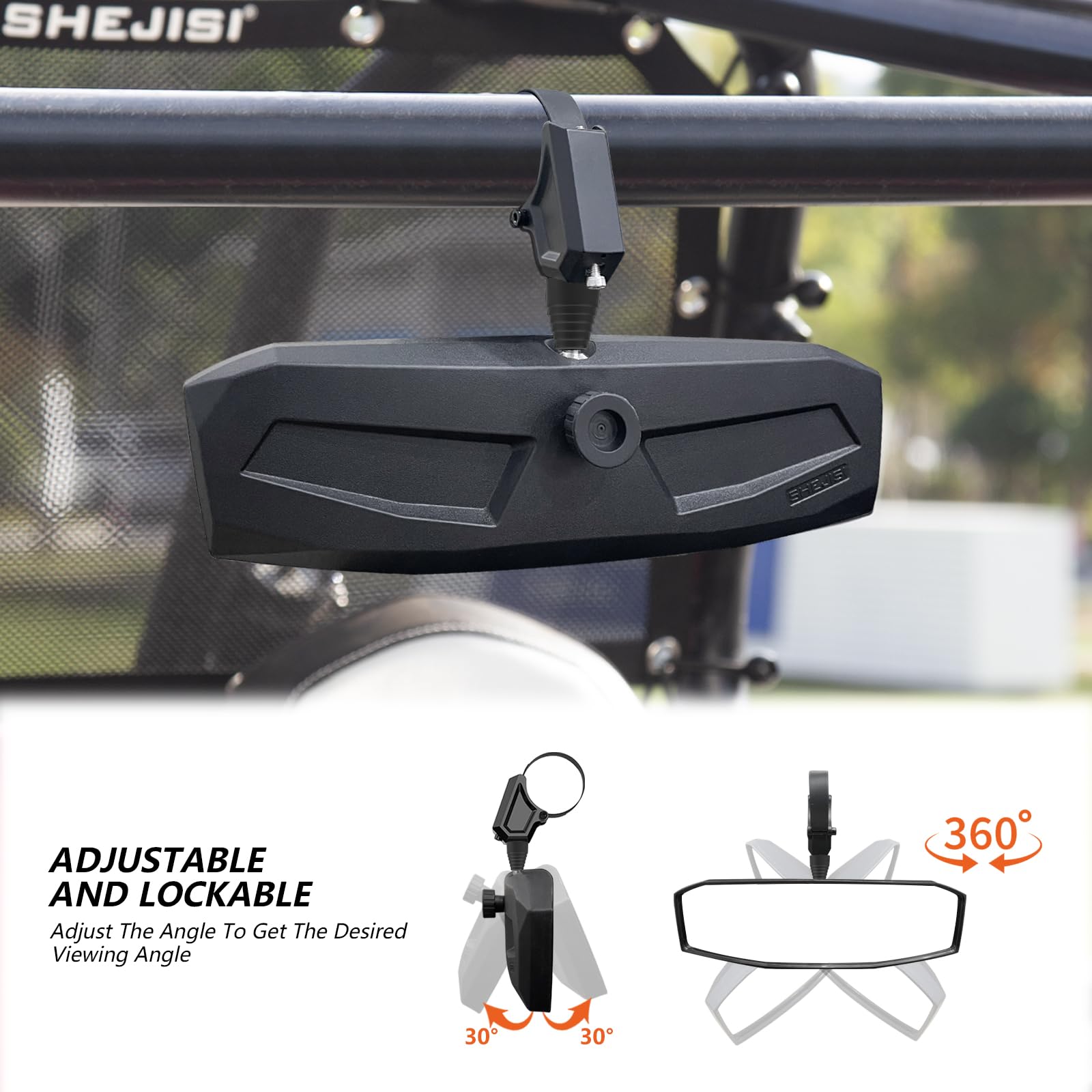 SHEJISI UTV Rearview Mirror - Adjustable Viewing Angle for 1.5"-2.0" Roll Cage - Compatible with RZR, Can Am, Honda Pioneer, Kawasaki Mule