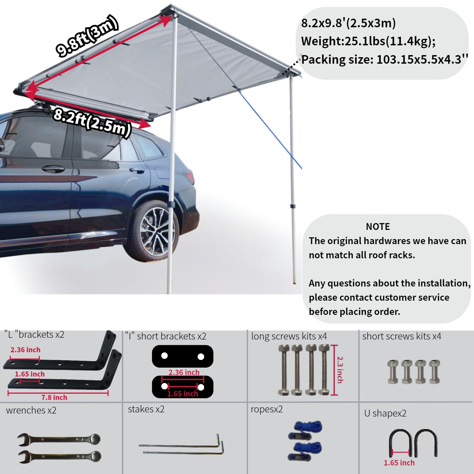 Danchel Outdoor Car Awning, Roof Rack Pull-Out Car Awning Overland, Waterproof Portable Car Side Sun Shelter Tarp For Suv/Truck/Van/Camper, 8.2X9.8Ft Gray