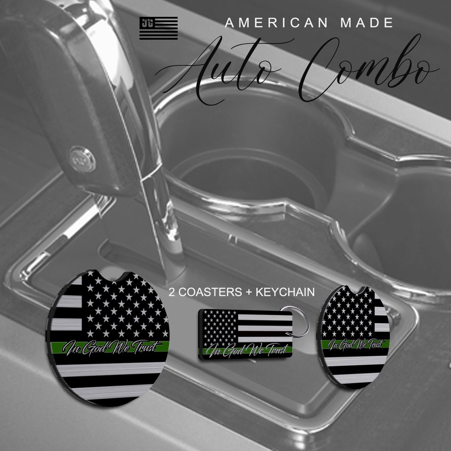 American Flag In God We Trust License Plate Frame + Green Line Coasters + Keychain - Perfect For God And Country Lovers - Tactic