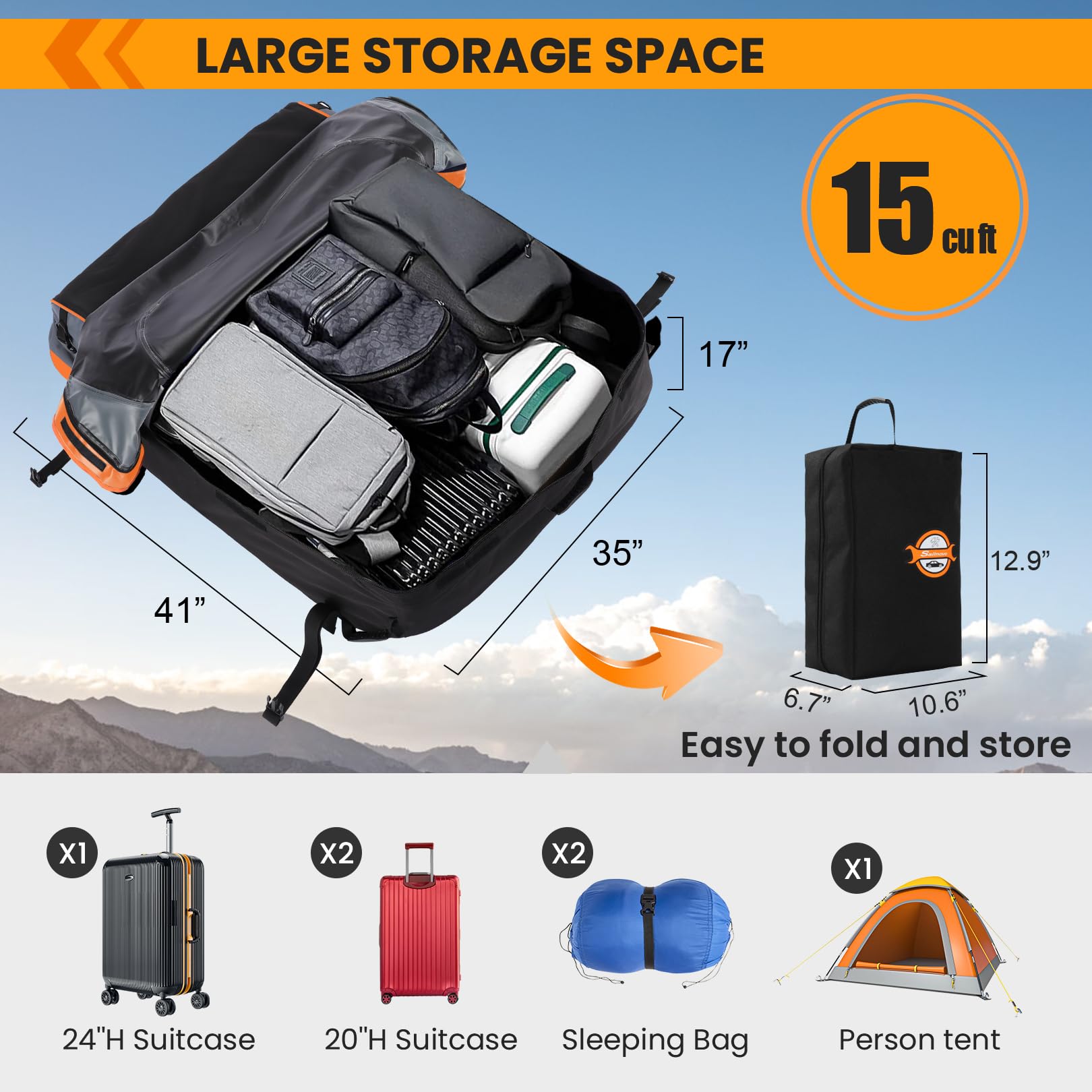 Sailnovo Rooftop Cargo Carrier – 15 Cubic Feet Waterproof Soft-Shell with Anti-Slip Mat & Safety Hooks – Orange, Model #ONLD005033
