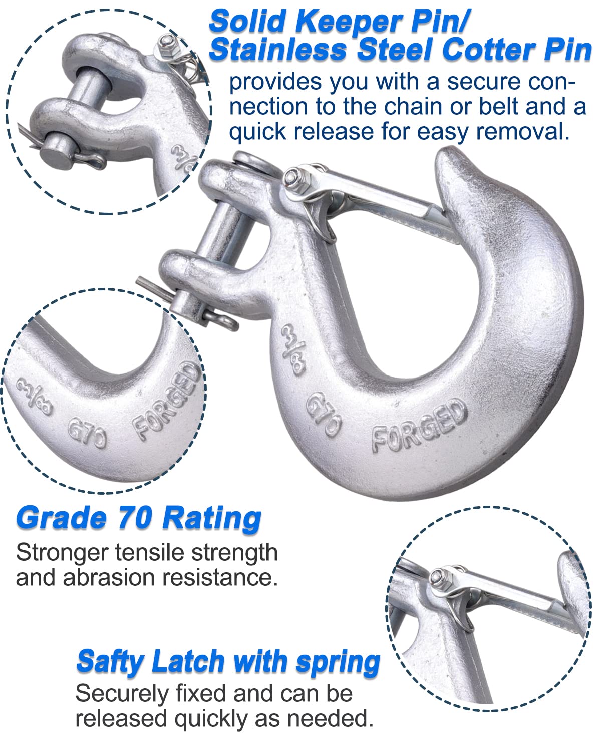 Wenhuali 3/8 Inch Safety Chain Hooks, Clevis Slip Hook With Safety Latch, Grade 70 Forged Steel 18,000 Lb For Trailer Truck Tran