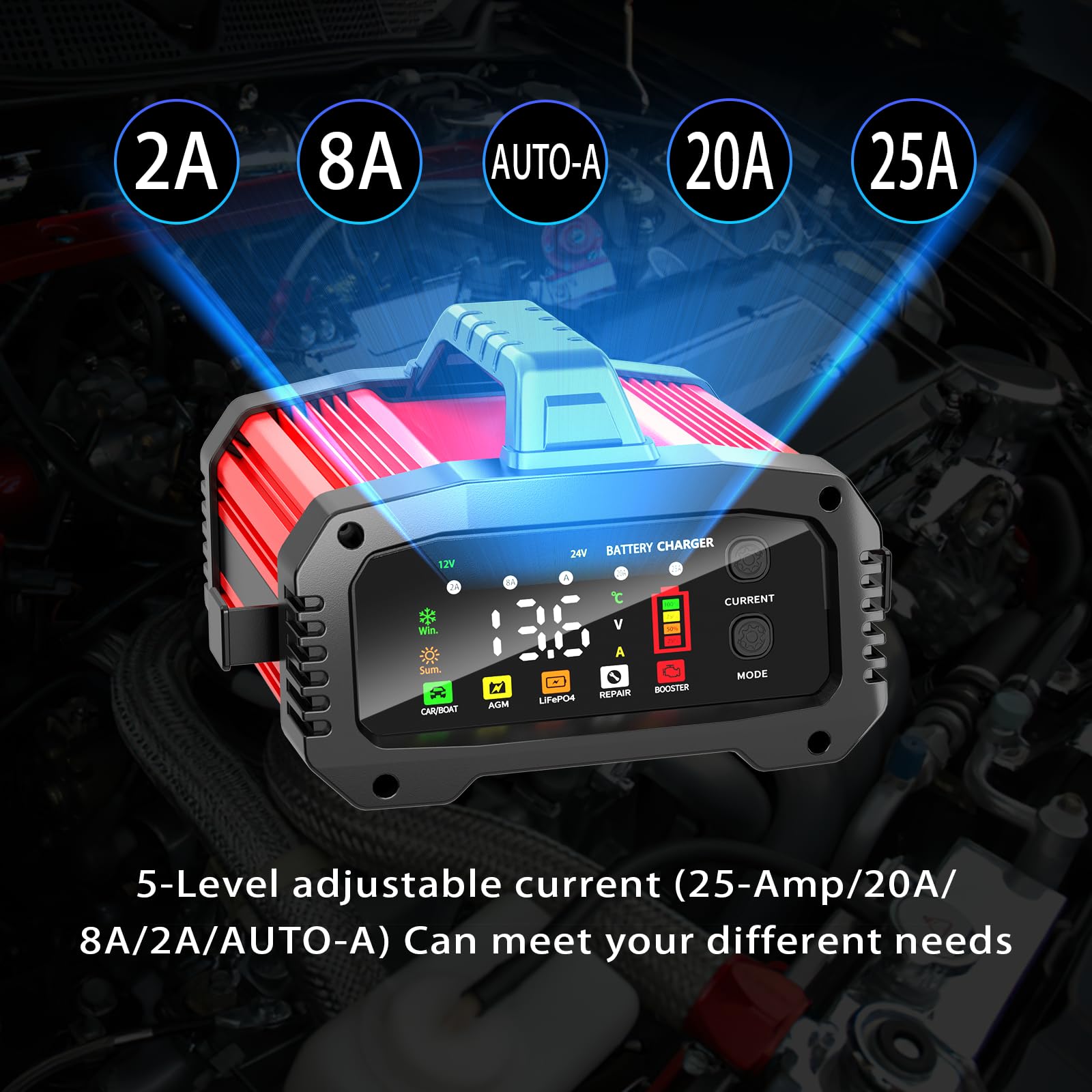 YONHAN 8 Amp Smart Car Battery Charger - 12V/24V, LCD Screen, Pulse Repair, Fireproof ABS, Red & Black, Model zyx-J30, Compact Size