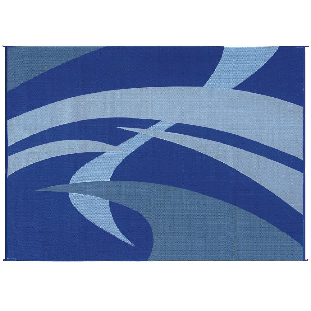 Stylish Camping Outdoor Patio RV Mat - 9ft x 12ft, Polypropylene, Swirl Design, Blue/Grey/Black/White, Model 159123
