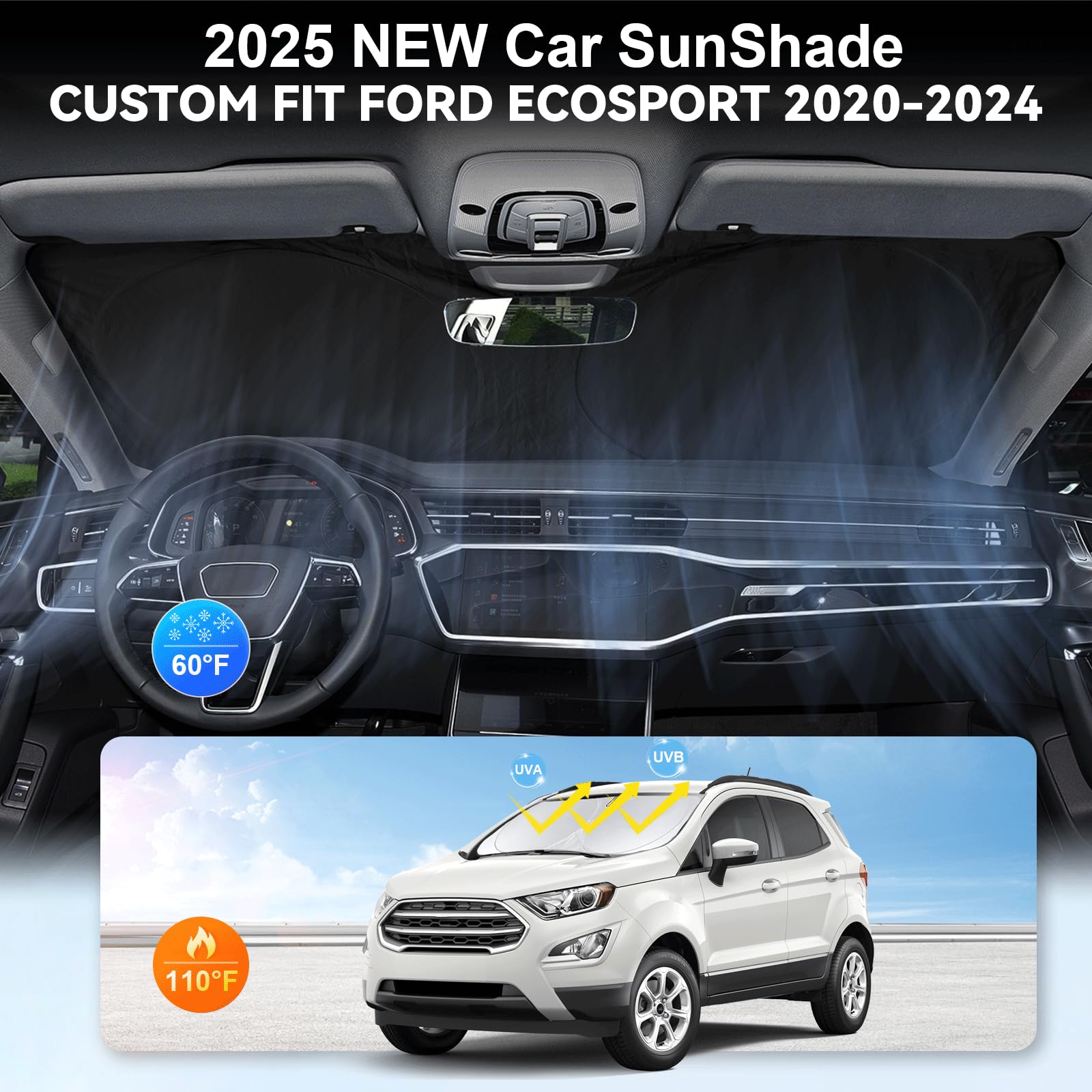 Sunshade For Ecosport Windshield Sun Shade For 2025 2024 2023 2022 2021 2020 Ford Ecosport Suv Accessories Foldable Custom-Fit F
