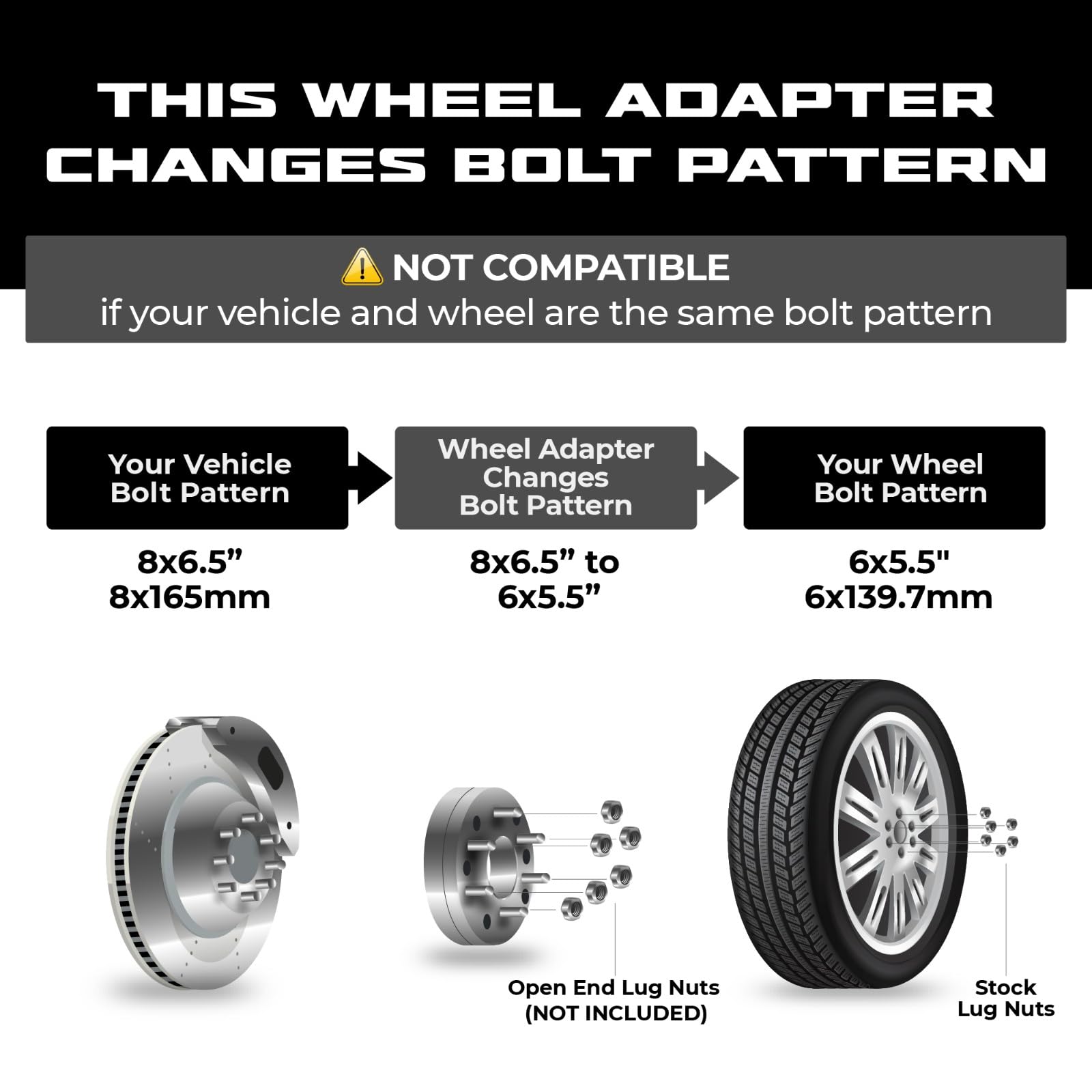 EZAccessory 2 Wheel Adapters 8x6.5 to 6x5.5 for Ford, Chevy, Dodge - 6 Lug Compatible with Toyota Wheels