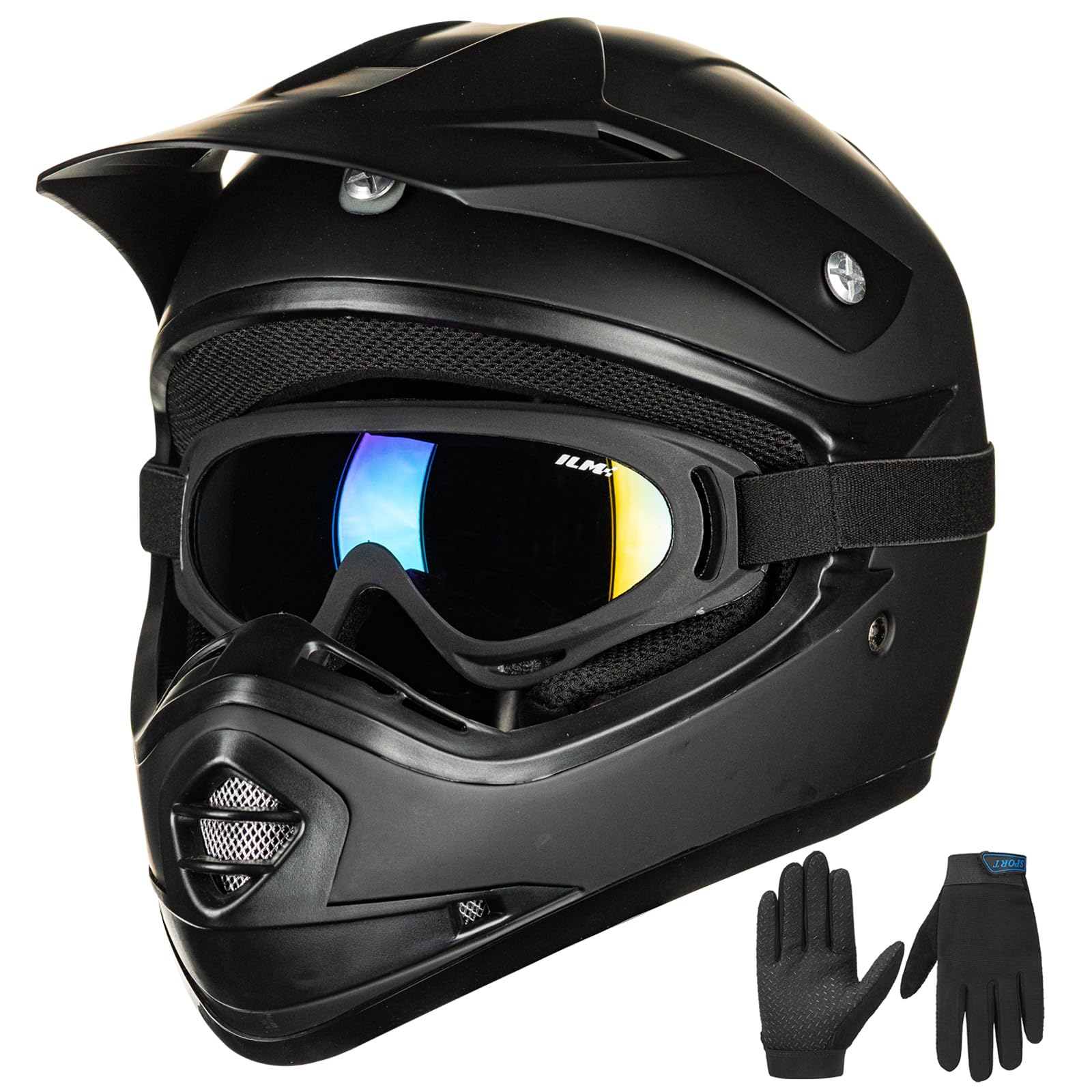 Ilm Youth Kids Atv Motocross Helmet Goggles Sports Gloves Dirt Bike Motorcycle Off Road Dot Approved B07 (Youth-L, Matte Black)