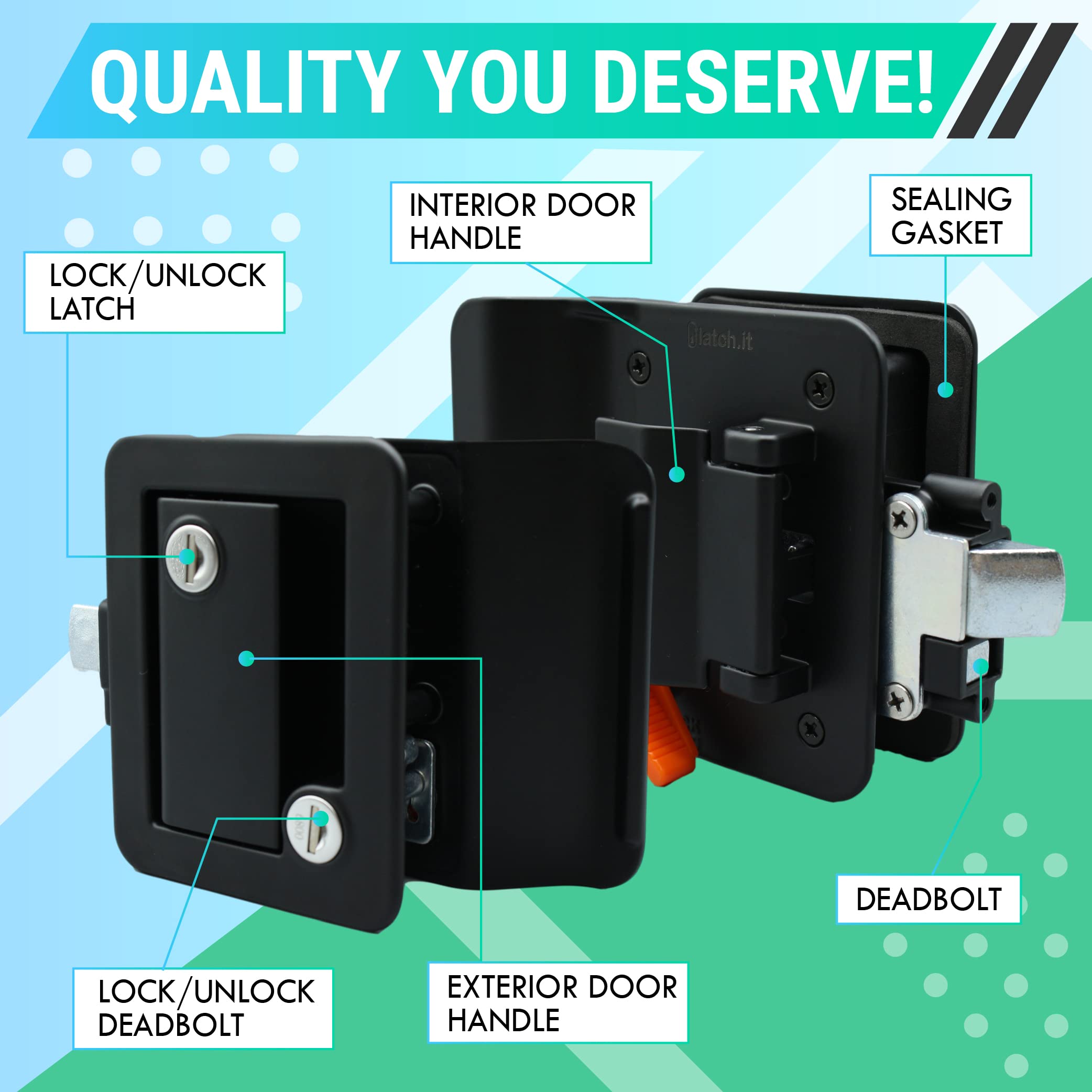 LATCH.IT Black RV Door Latch - 2 Keyed Alike Metal Locks for Travel Trailers, Easy to Install, Includes 4 Keys