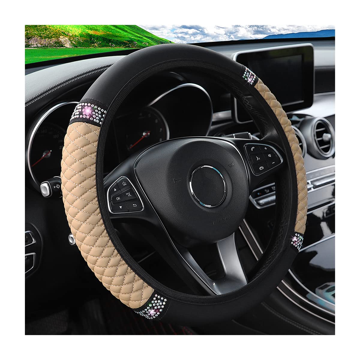 Bling Leather Steering Wheel Cover, Colorful Rhinestones Elastic Steering Wheel Protector, Pu Soft Leather With Crystal Diamond, Sparkling Car Accessories For Most Cars (Beige)