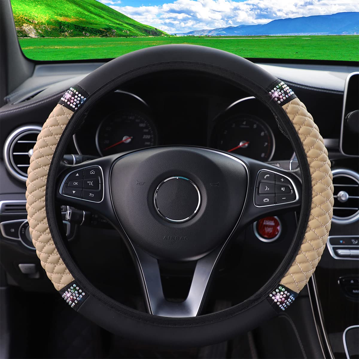 Bling Leather Steering Wheel Cover, Colorful Rhinestones Elastic Steering Wheel Protector, Pu Soft Leather With Crystal Diamond, Sparkling Car Accessories For Most Cars (Beige)