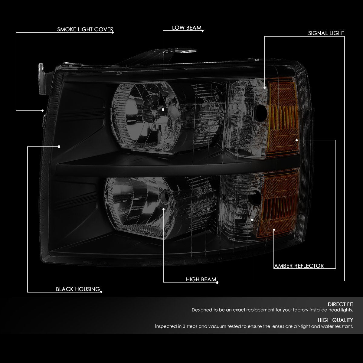 Dna Motoring Hl-Oh-Csil07-Bk-Sm-Am-Cfs-H8 Black Housing Smoked Lens Amber Reflactor Headlights Compatible With 07-13 Chevy Silve