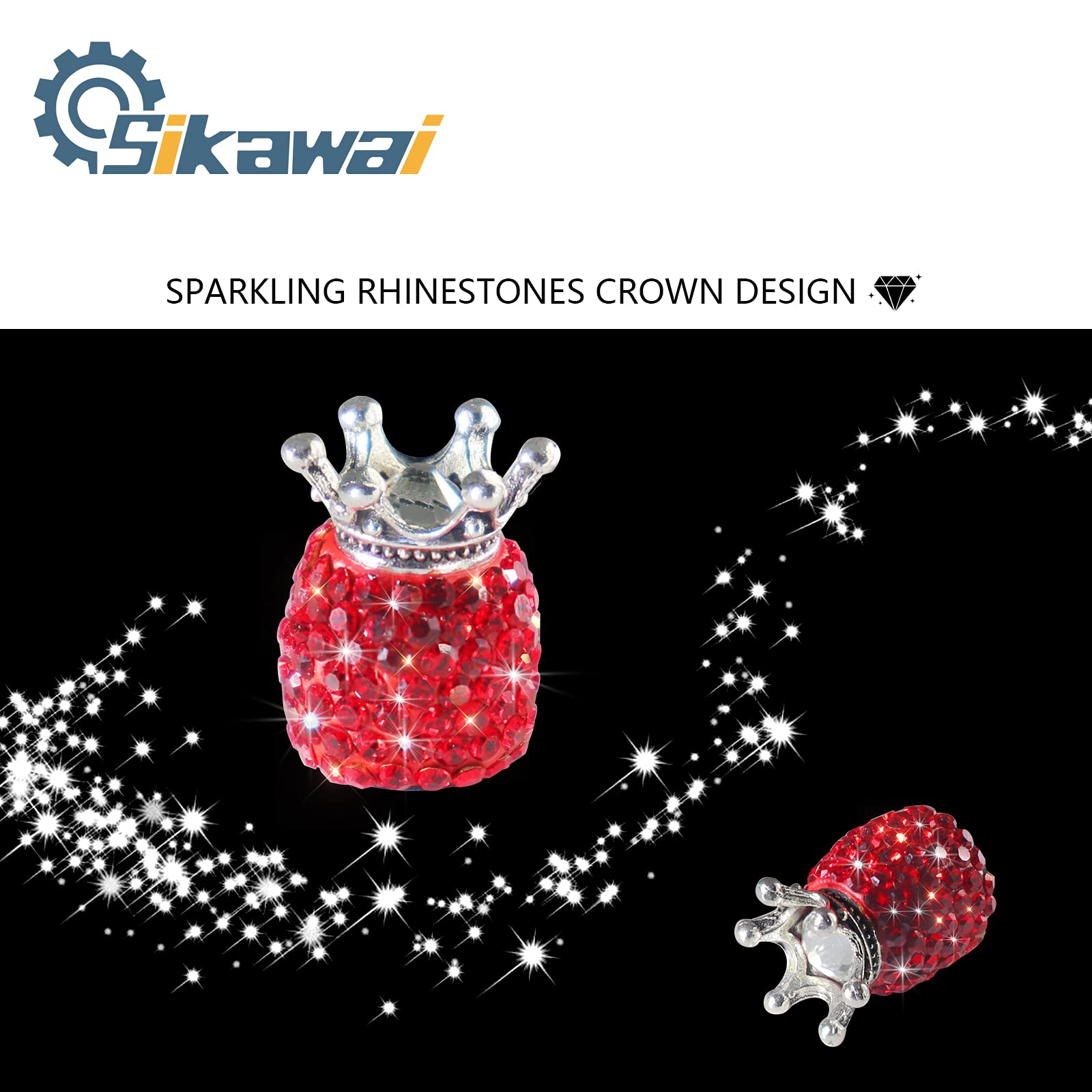 Sikawai Bling Tire Valve Stem Caps Crown Valve Caps Sparkling Handmade Crystal Rhinestone Universal Car Tire Valve Caps Chrome,A