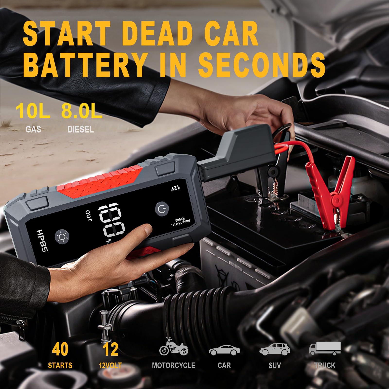HPBS Jump Starter 4000A Battery Pack for 10.0L Gas & 8.0L Diesel Engines, 12V Portable, Red, Model H2000