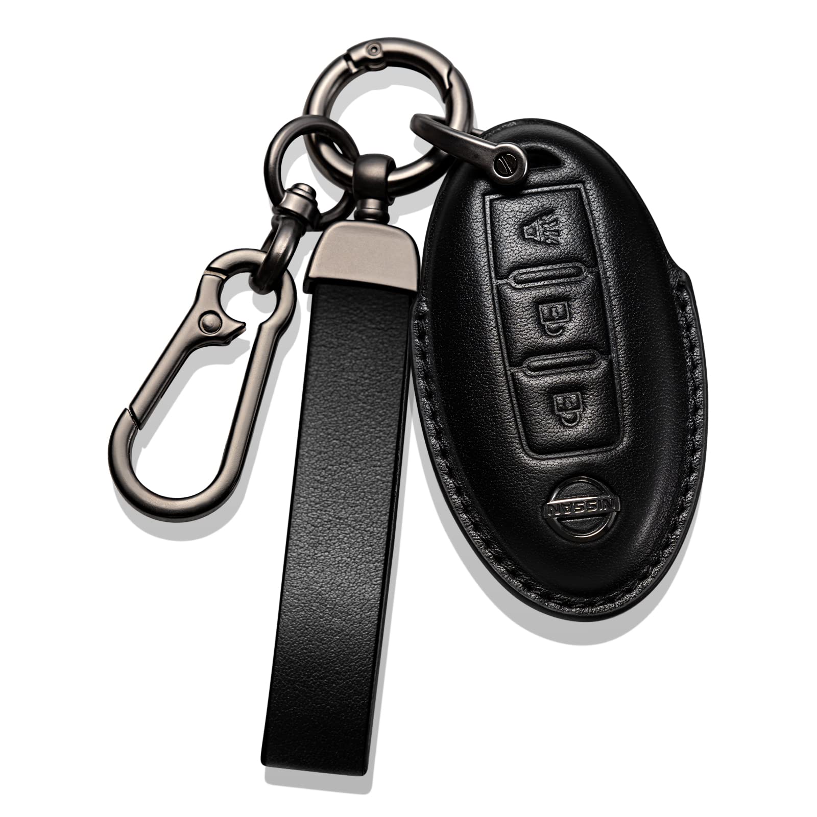 Smyfob Nissan Key Fob Cover Leather Lanyard Keychain Holder Car Key Case Protector 370z Frontier Juke Kicks Titan Accessories 3 