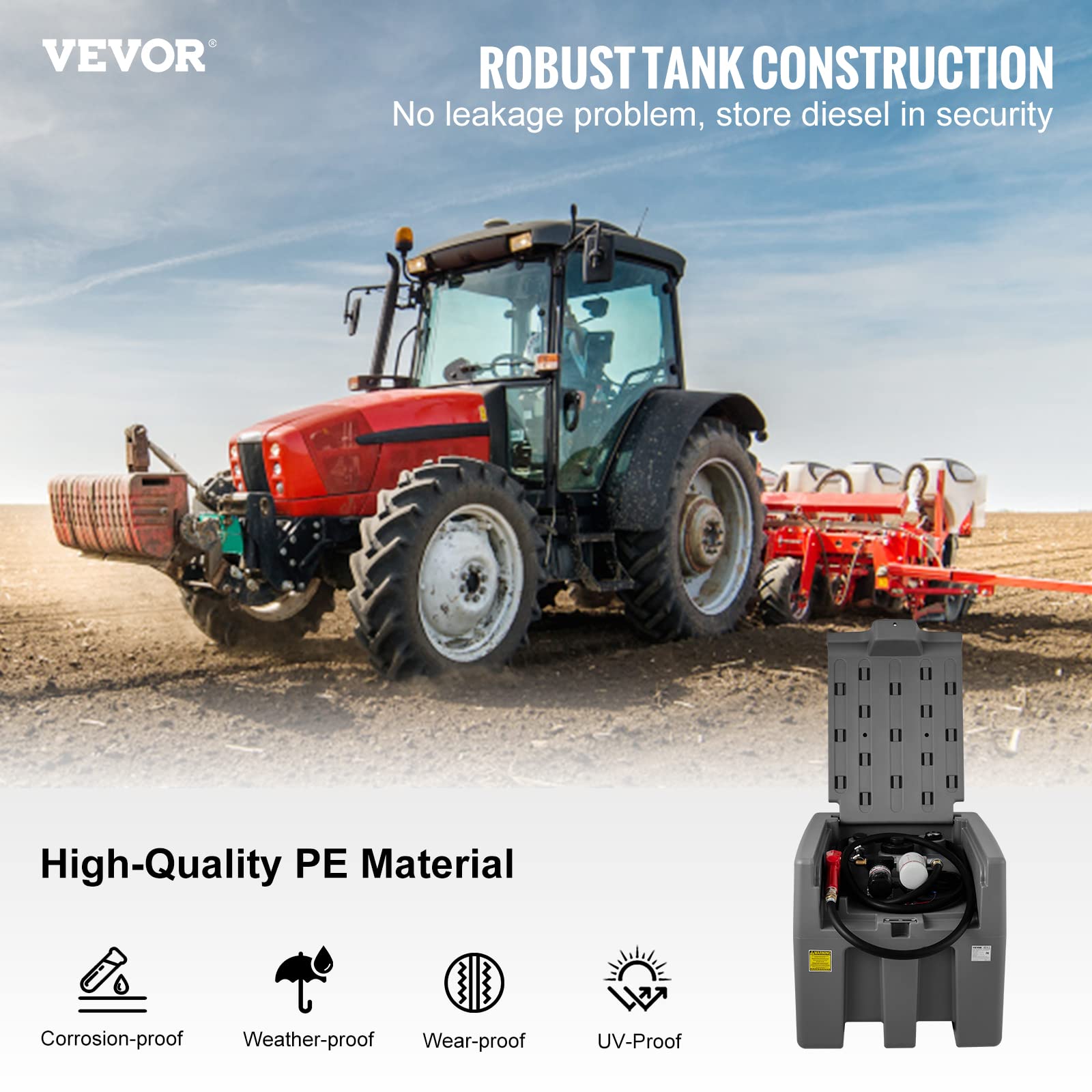 VEVOR Diesel Fuel Tank - 58 Gallon Capacity, 10 GPM Flow Rate, PE Material, Gray with 12V Pump & 13.1ft Hose