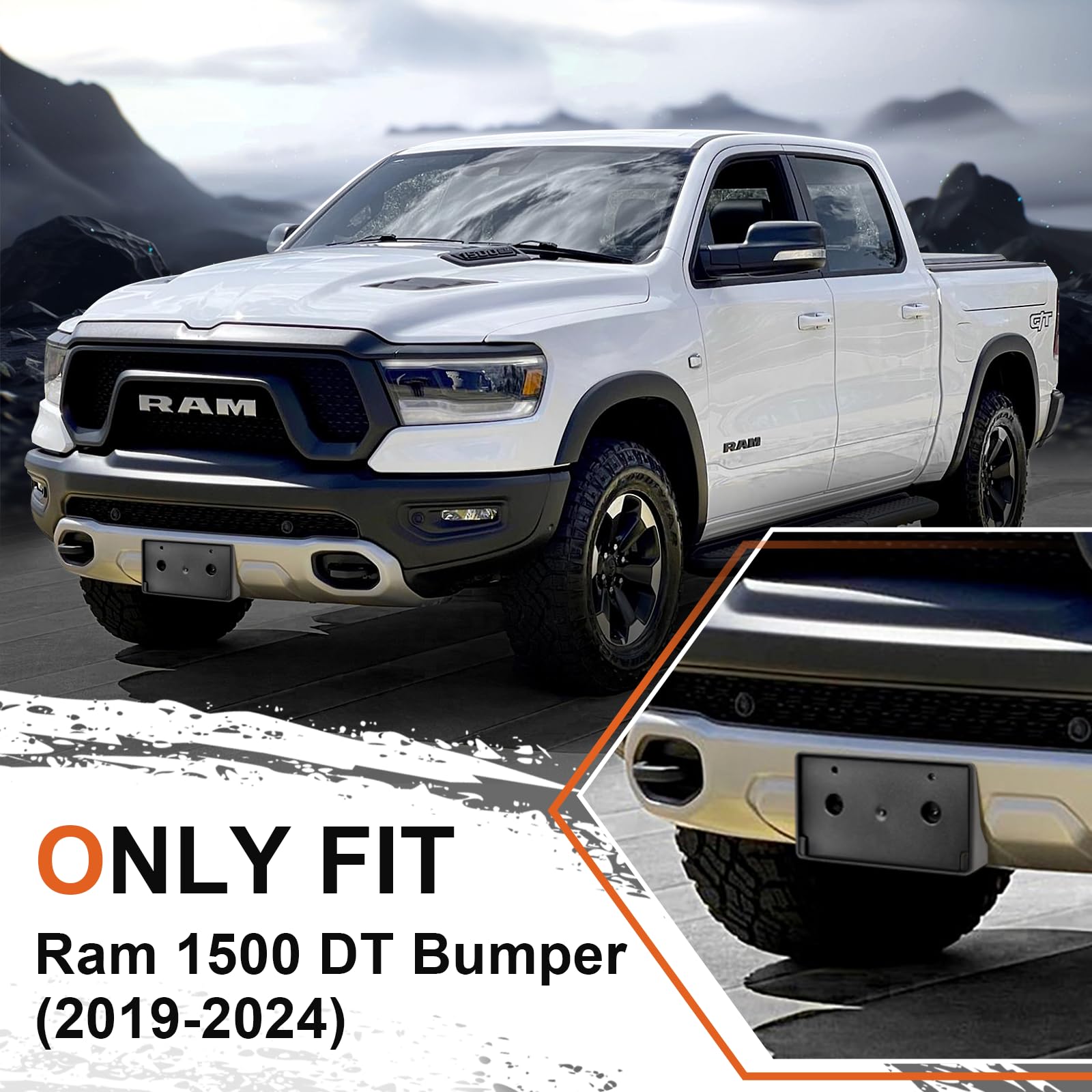 GZSH Front License Plate Frame for Ram 1500 DT 2019-2024, Plastic, Curved Design, OE Replacement Model CH1068151
