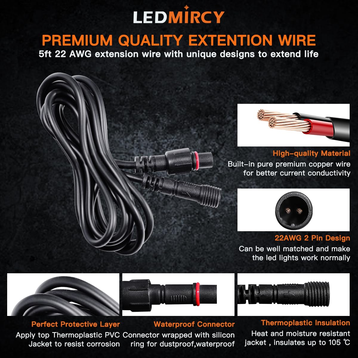 LEDMIRCY LED Rock Lights Extension Cable 2Pin 5ft 22AWG PVC Waterproof 4PCS for Truck Wheel Spot Flood Lights