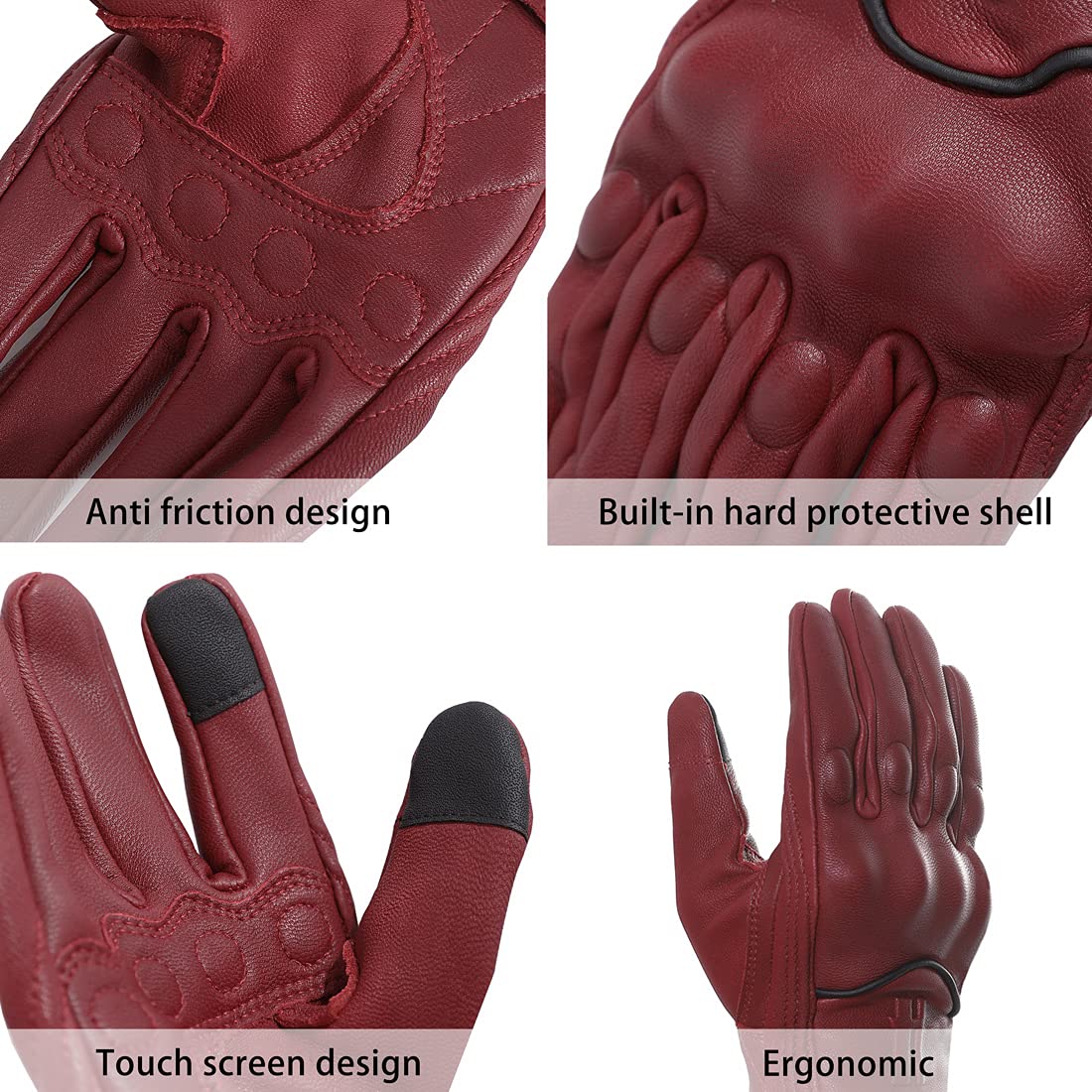 Harssidanzar Leather Motorcycle Gloves for Women, XL Oxblood, Model GL016, Touchscreen Riding Gloves