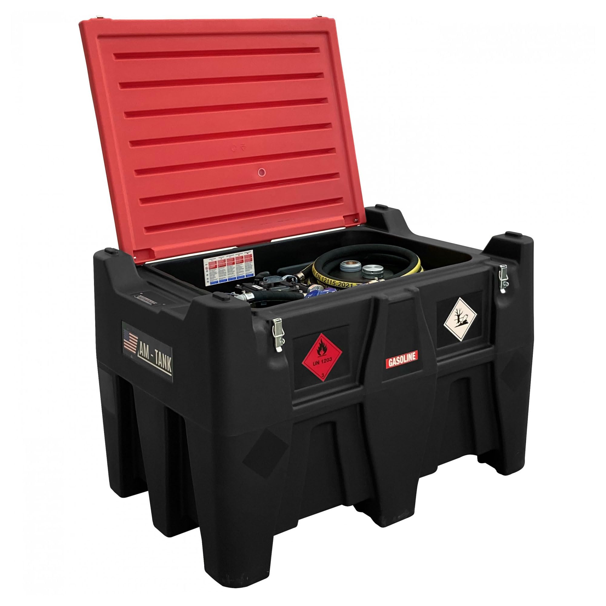 AM-TANK Portable Gas Fuel Tank - Gasoline Can w/Pump, Plug & Cover Lid, 116 Gal, Red/Black