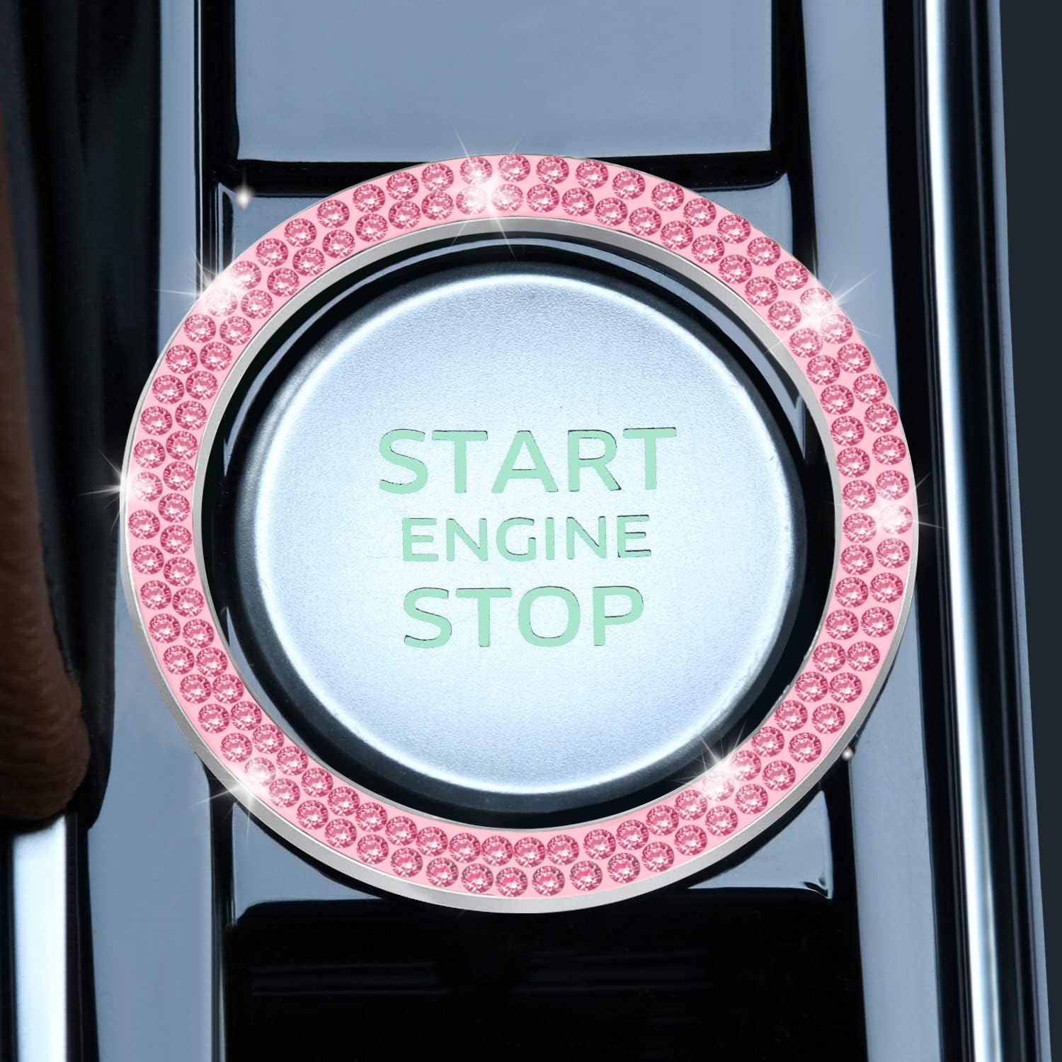 Livtee 2 Pcs Crystal Double Rhinestone Car Engine Start Stop Decoration Ring, Bling Car Interior Accessories For Women, Push To Start Button Cover/Sticker, Key Ignition & Knob Bling Ring, Pink