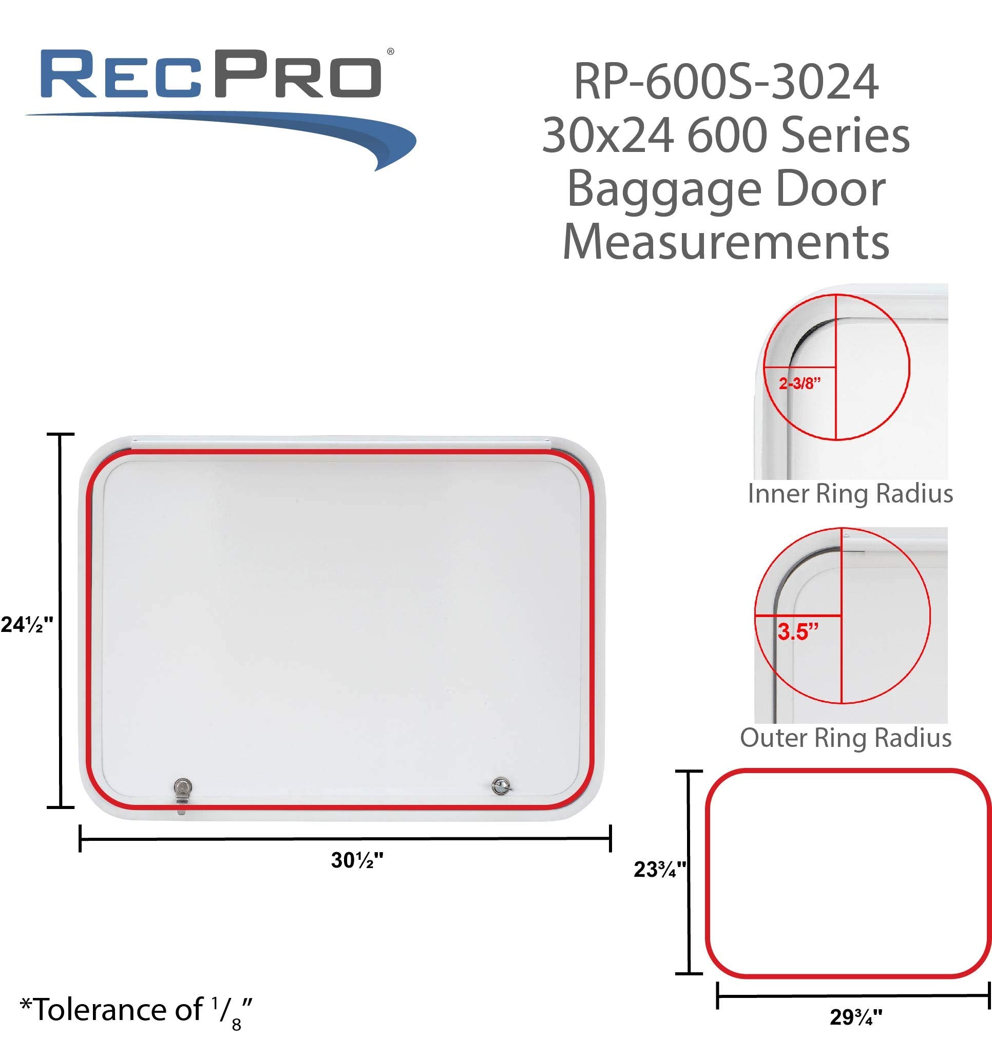 RecPro RV Baggage Door, Black Fiberglass, 30" W x 24" H, Rounded Corners, Model RP-600S-3024-BK, Made in America