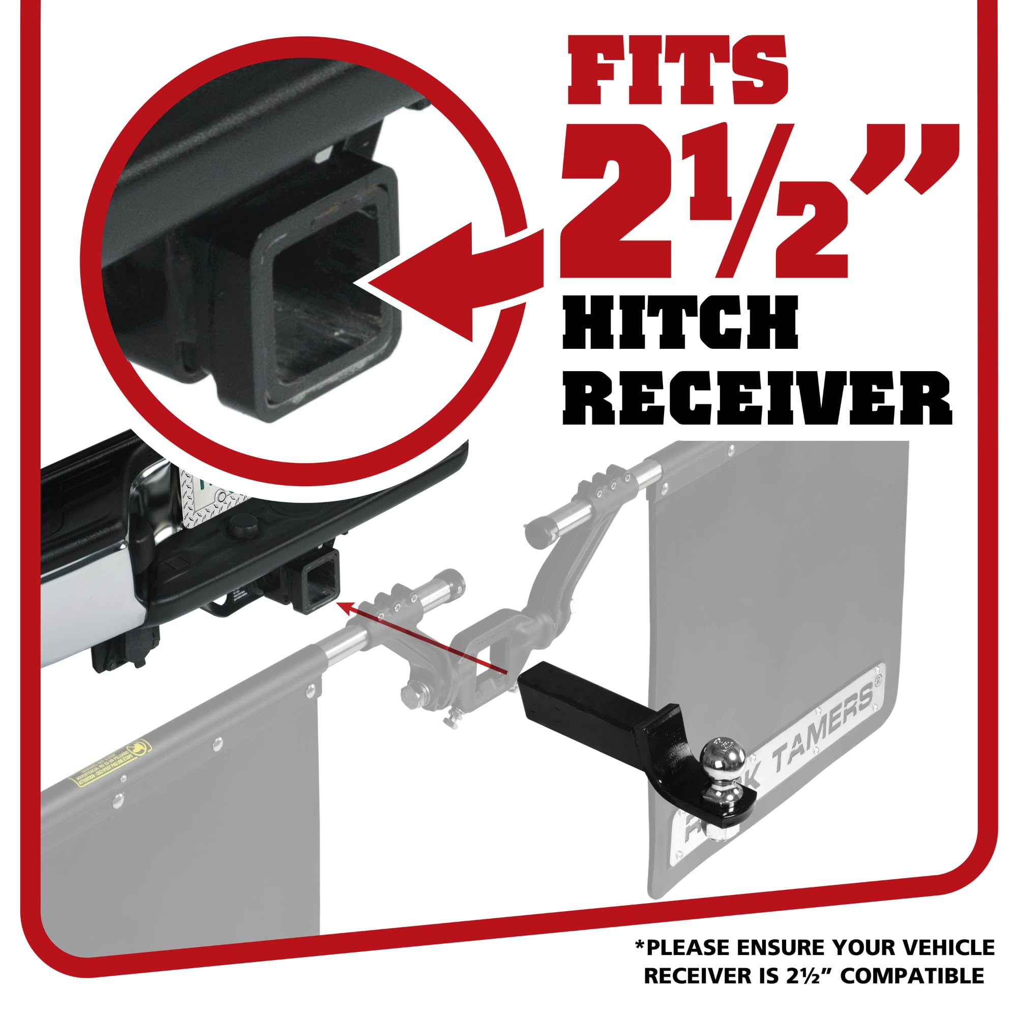 Rock Tamers Hitch Mounted Mud Flap System - 2.5" Receiver, Matte Black/Stainless Steel, Model 00110, Adjustable & Removable