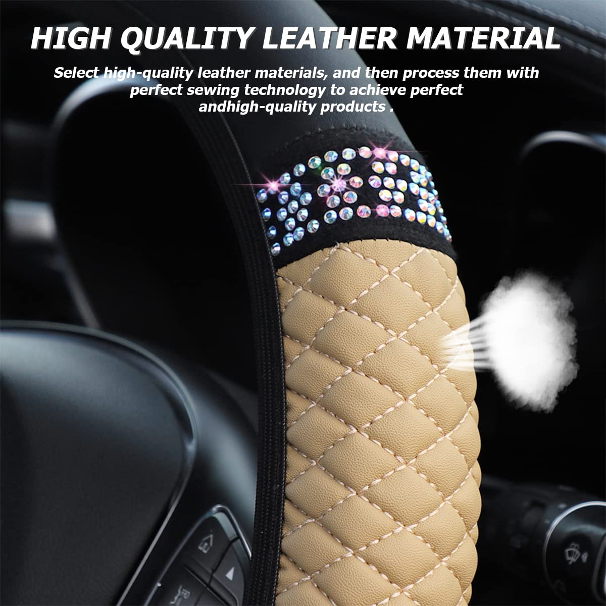 Bling Leather Steering Wheel Cover, Colorful Rhinestones Elastic Steering Wheel Protector, Pu Soft Leather With Crystal Diamond, Sparkling Car Accessories For Most Cars (Beige)