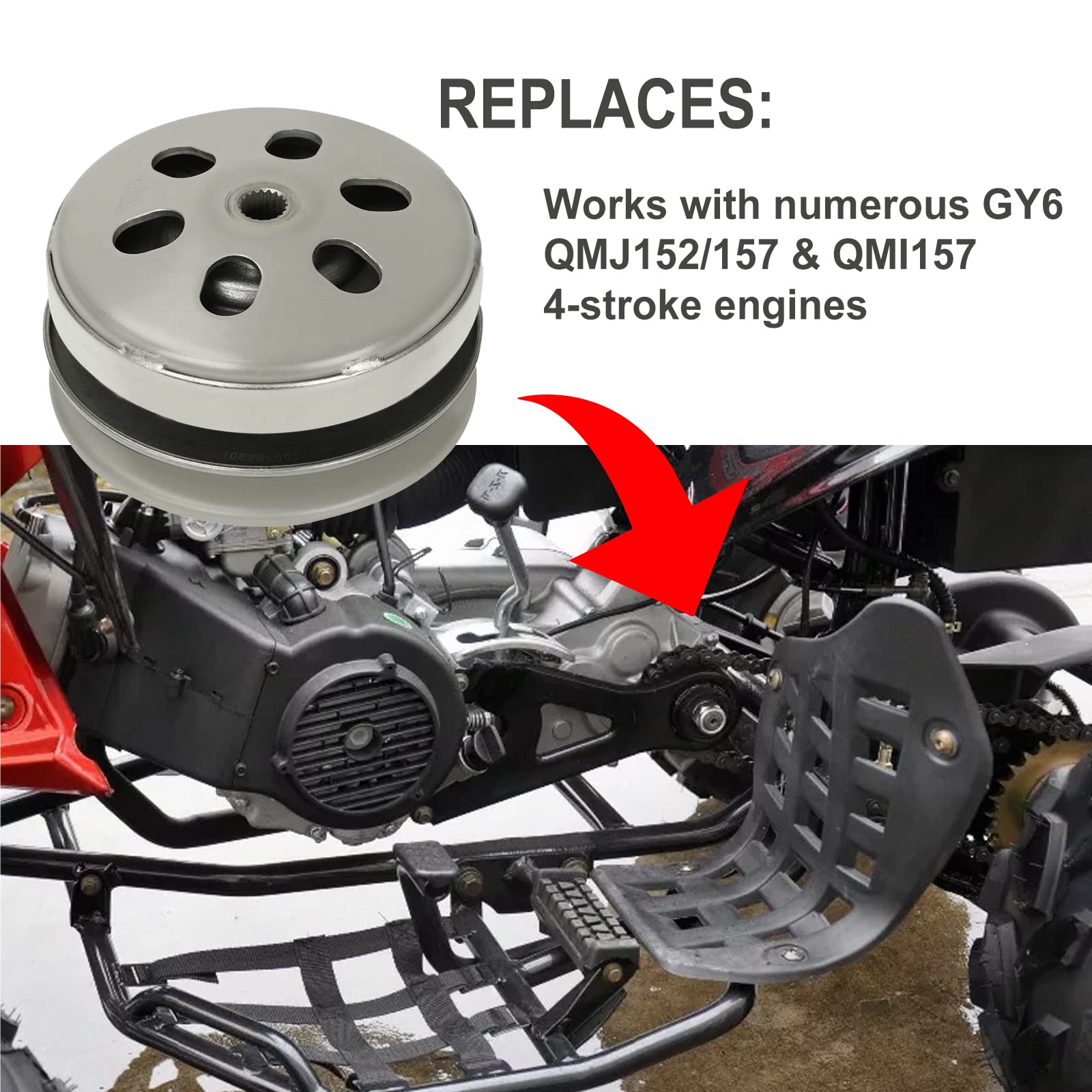 BATONECO Rear Clutch Assembly with Driven Pulley & Clutch Bell for GY6 125CC 150CC 157QMJ 152QMI 4-Stroke Engine, 19 Spline, Sco