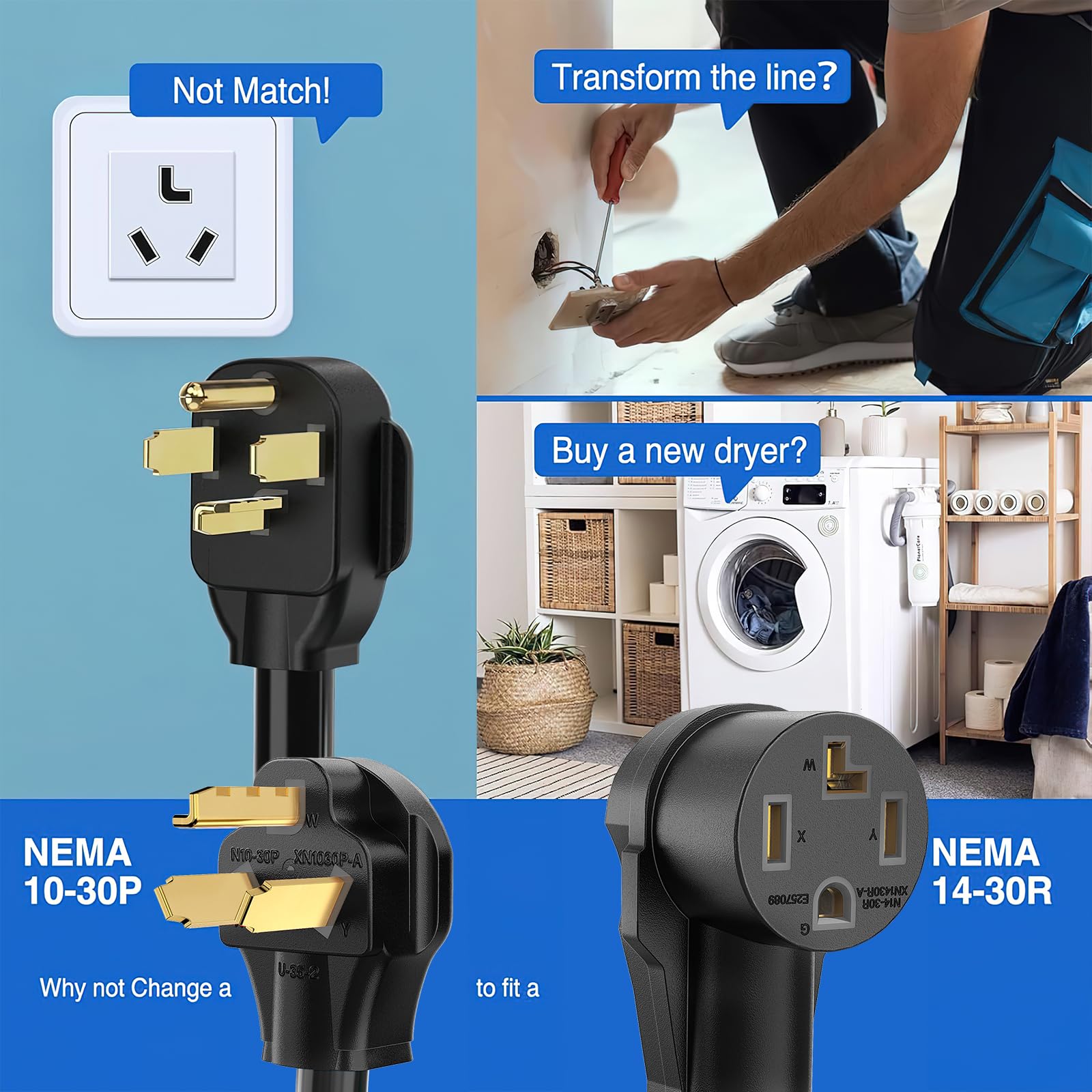 Nilight 30 Amp EV Dryer Adapter Cord - 10 Gauge, 3750 Watt, Black, 10-30P to 14-30R, Heavy Duty Conversion Plug
