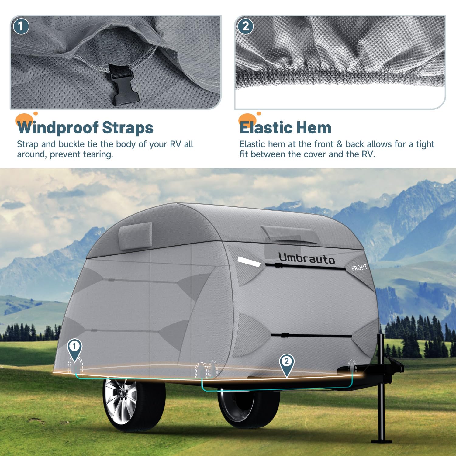Umbrauto Teardrop Travel Trailer Cover Fits 5'-8' Trailers, 7 Layers Top Heavy Duty Waterproof Camper Cover With Windproof Strap