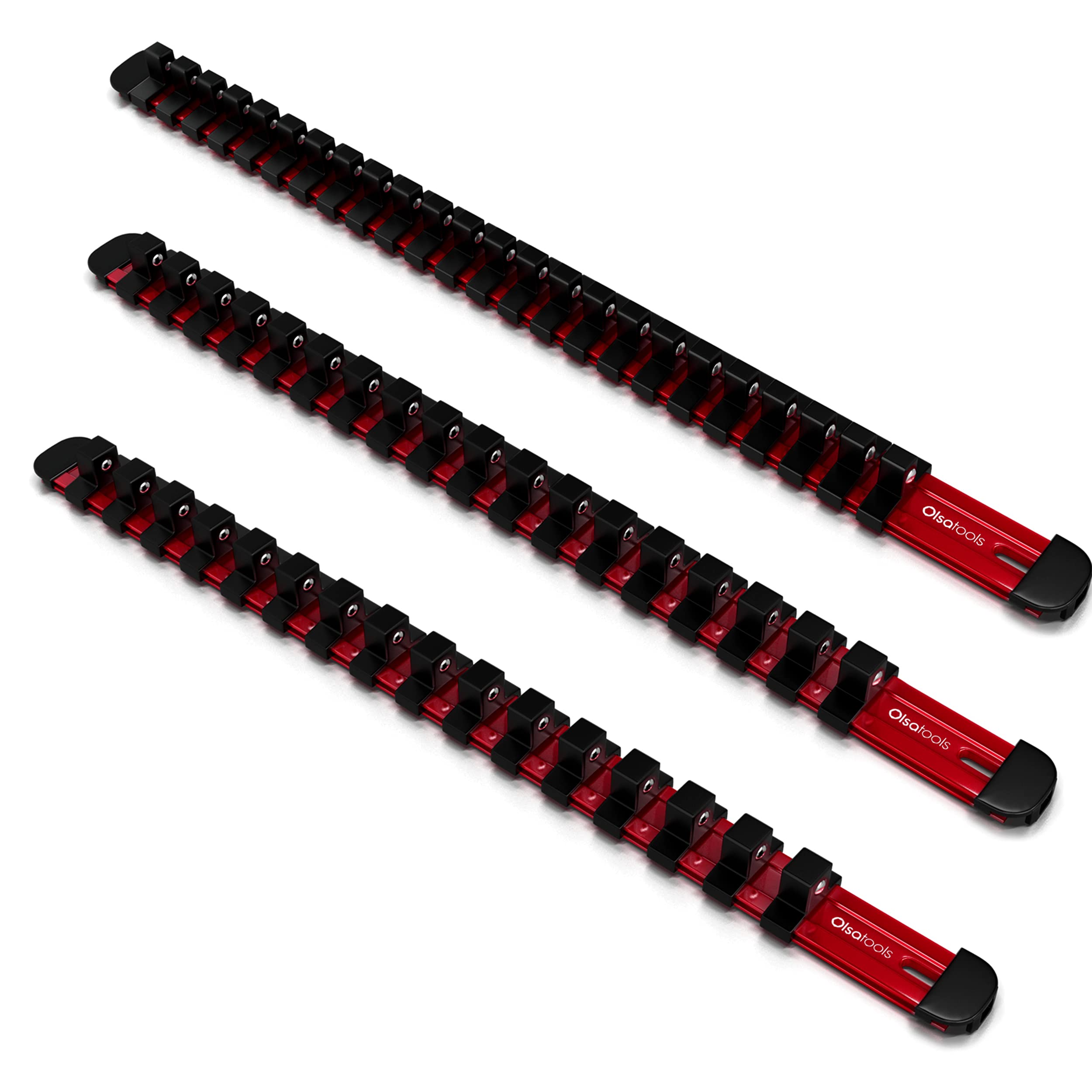 Olsa Tools 3Pc Set Aluminum Socket Organizer  Locking End Caps  1/4Inch Drive x 24 Clips, 3/8Inch Drive x 18 Clips, 1/2Inc