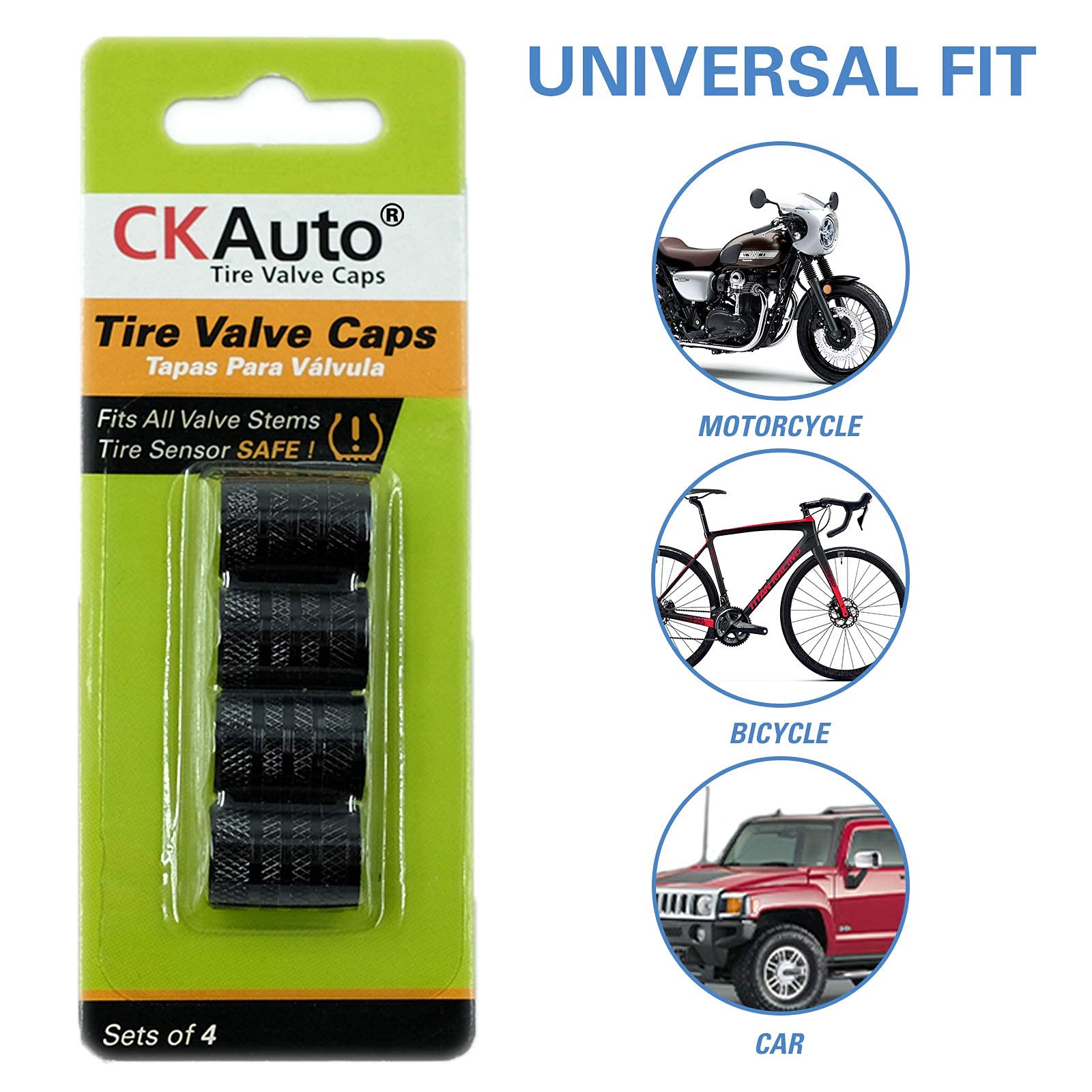 CKAuto Tire Valve Stem Caps, Anodized Aluminum, Black, 4 pcs, Corrosion Resistant, Universal Fit for Cars, Trucks, and Bikes