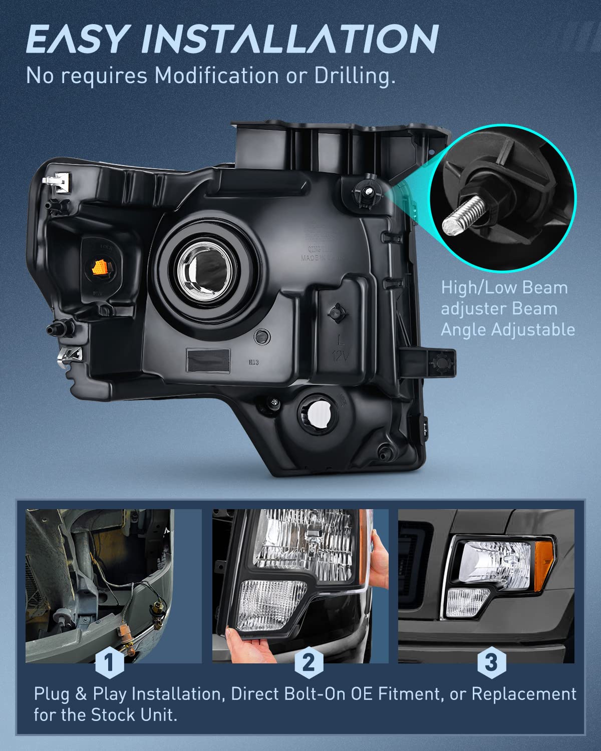 Nilight 2009 2010 2011 2012 2013 2014 F150 Headlight Assembly Black Housing Amber Corner Clear Lens Driver And Passenger Side He