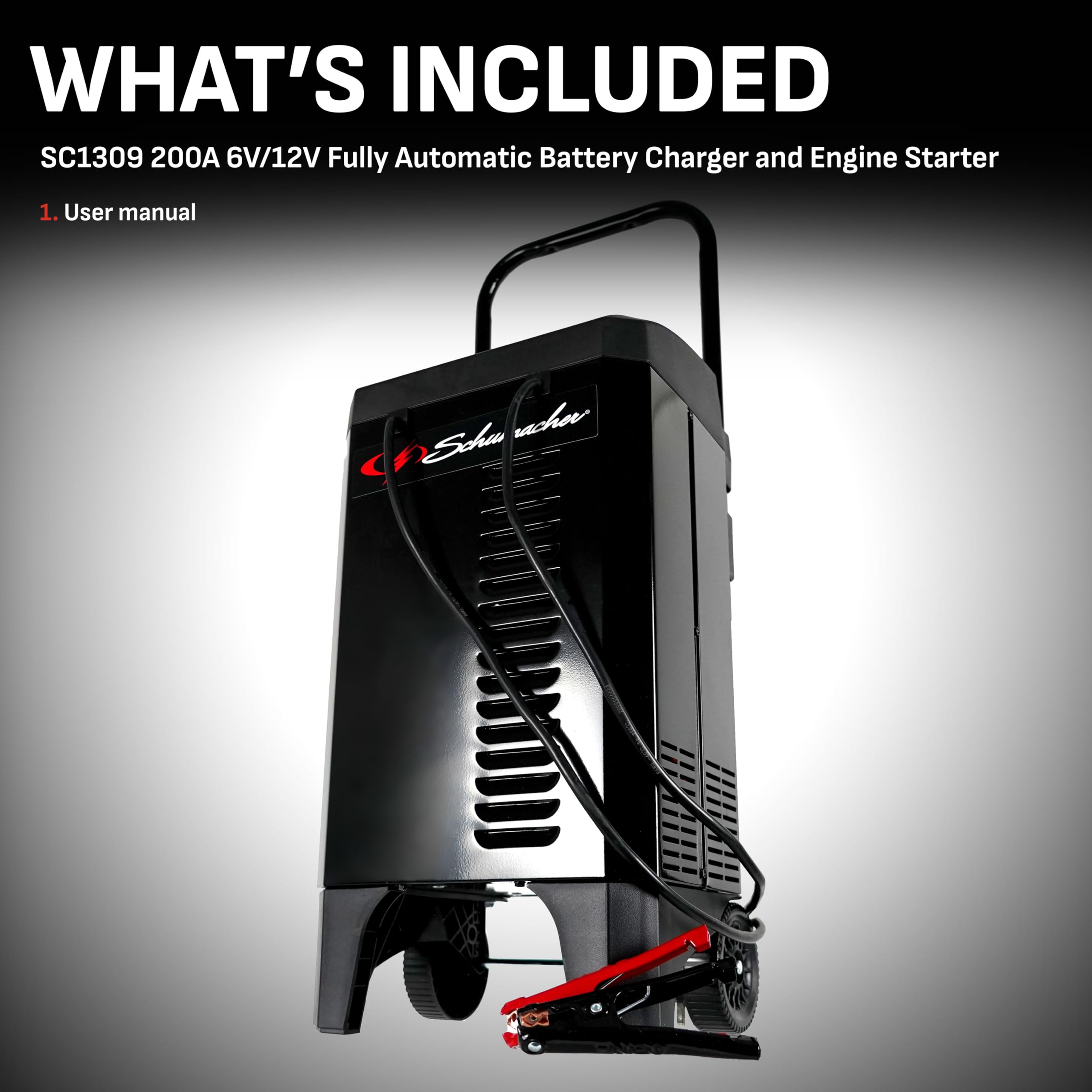 Schumacher Electric Fully Automatic Wheeled Battery Charger and Engine Starter 6-in-1, SC1309 - 200 Cranking Amps, 6 Volt and 12