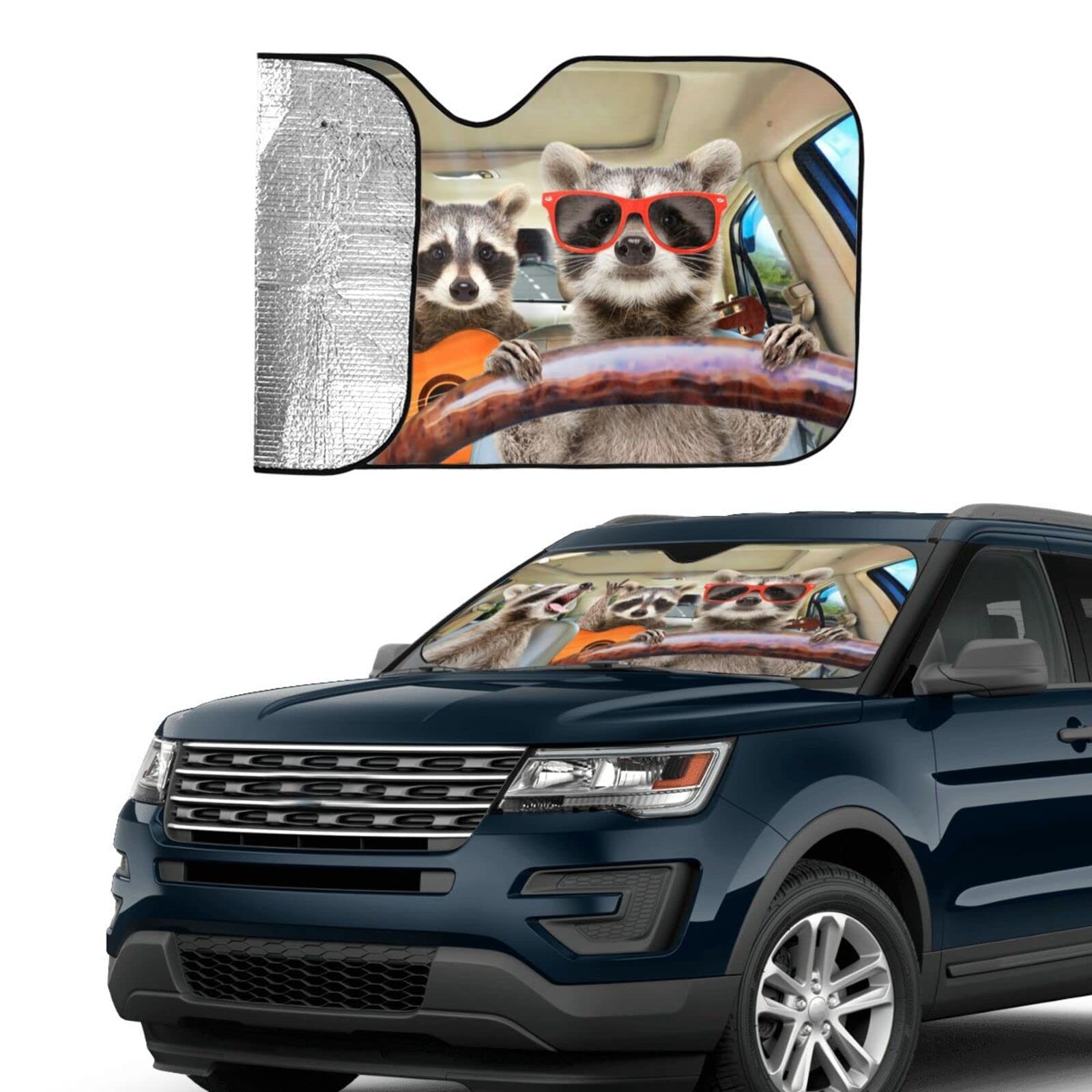 Begarm Three Funny Raccoons Animals Windshield Sun Shade For Car Suv Truck(51'' X 27.5'') Front Window Sun Shade Visor Shield Cover (Upgrade Hardened)