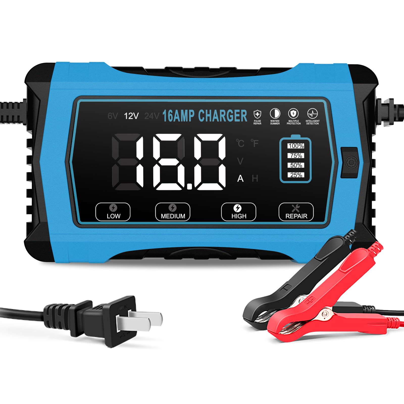16 Amp Battery Charger,12V 24V LiFePo4 Lead-Acid Lithium Smart Car Battery Charger and Maintainer,Trickle Charger for Car/Motorc