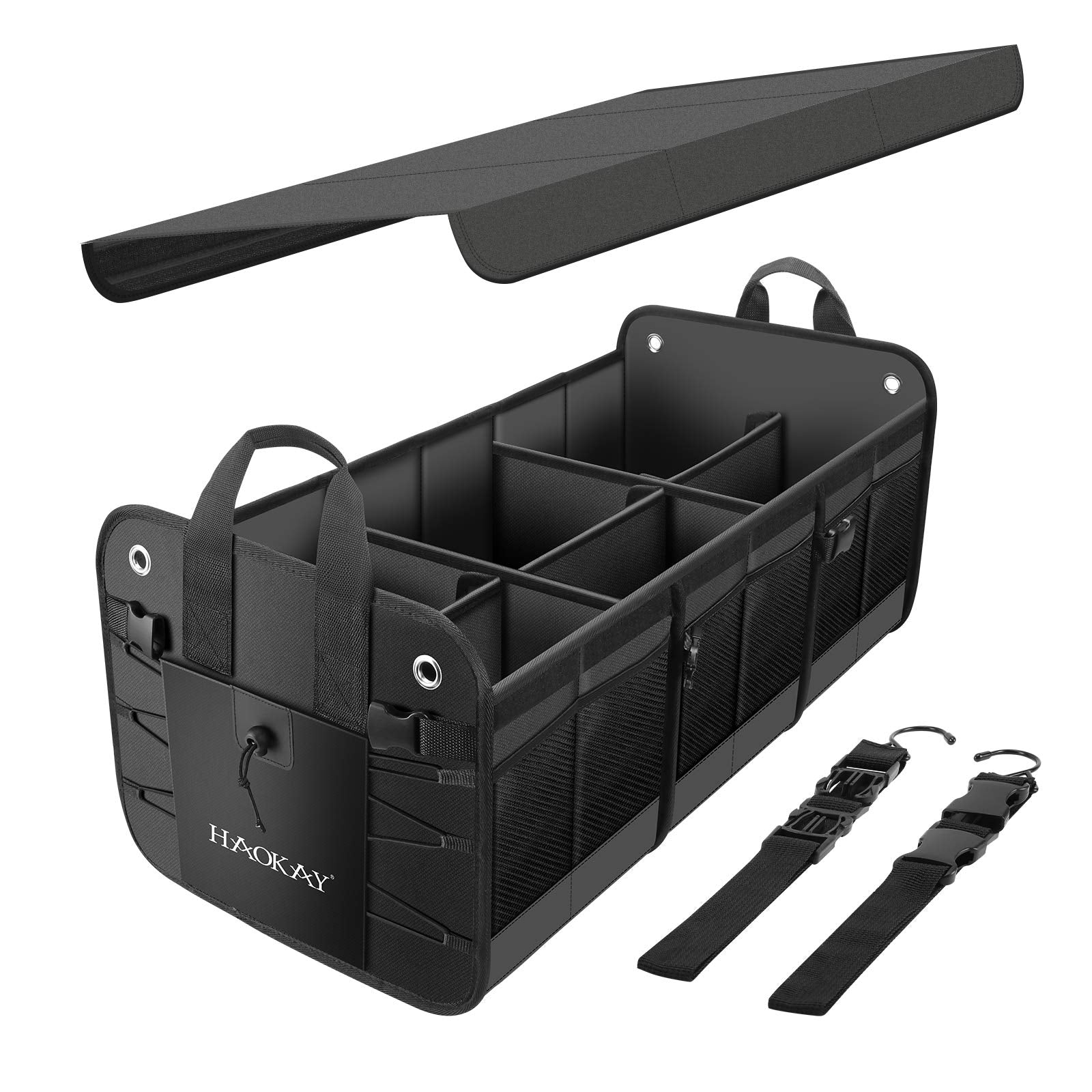 Haokay Car Trunk Organizer With Lid,Heavy Duty Extra Large Premium Black Oxford Multi Compartments Collapsible Trunk Organizer F