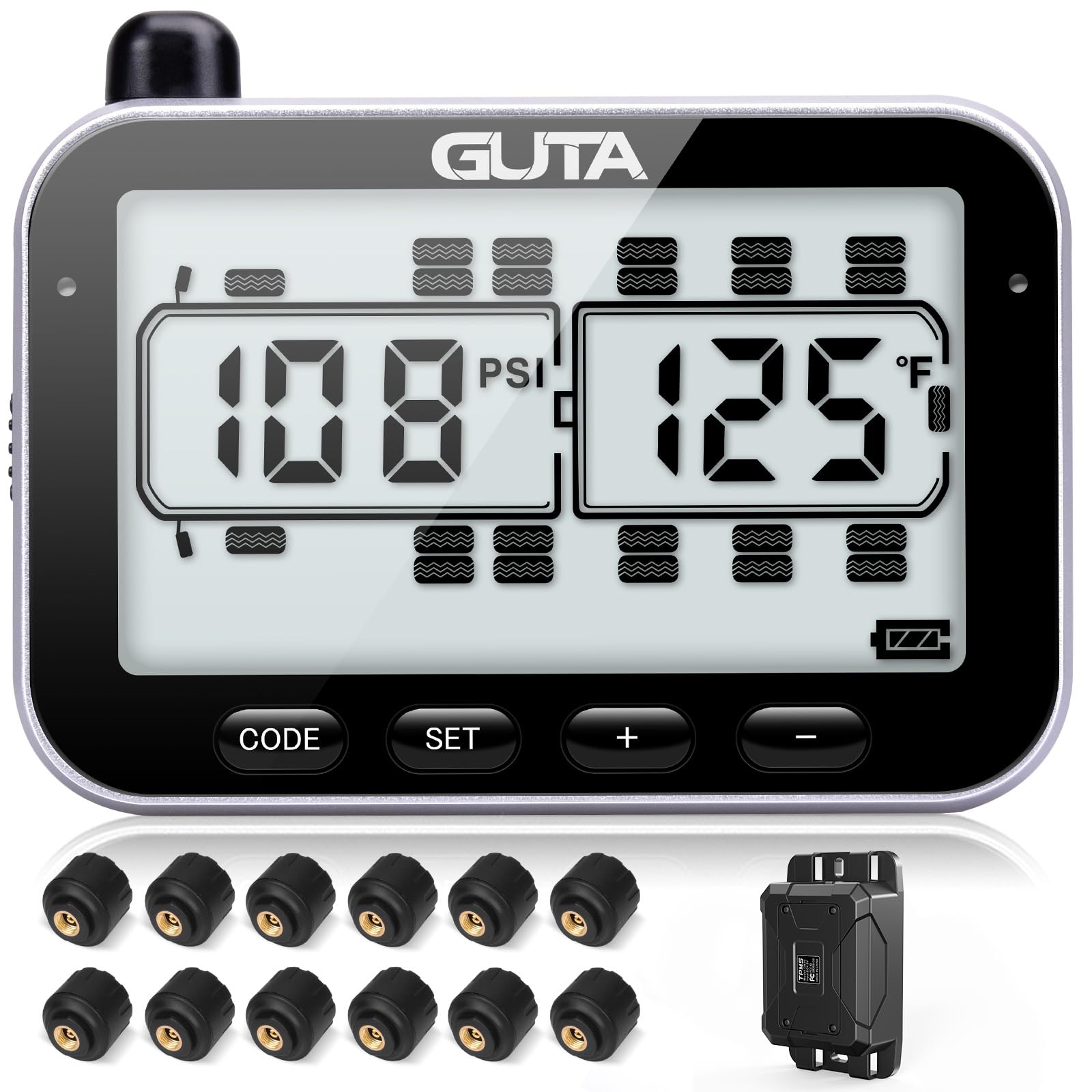 Guta Rv Tire Pressure Monitoring System, Rv Tpms, 12 Sensors, 7 Alarm Modes, 14 Days Battery Life, 80Ft Sensing Distance, Large