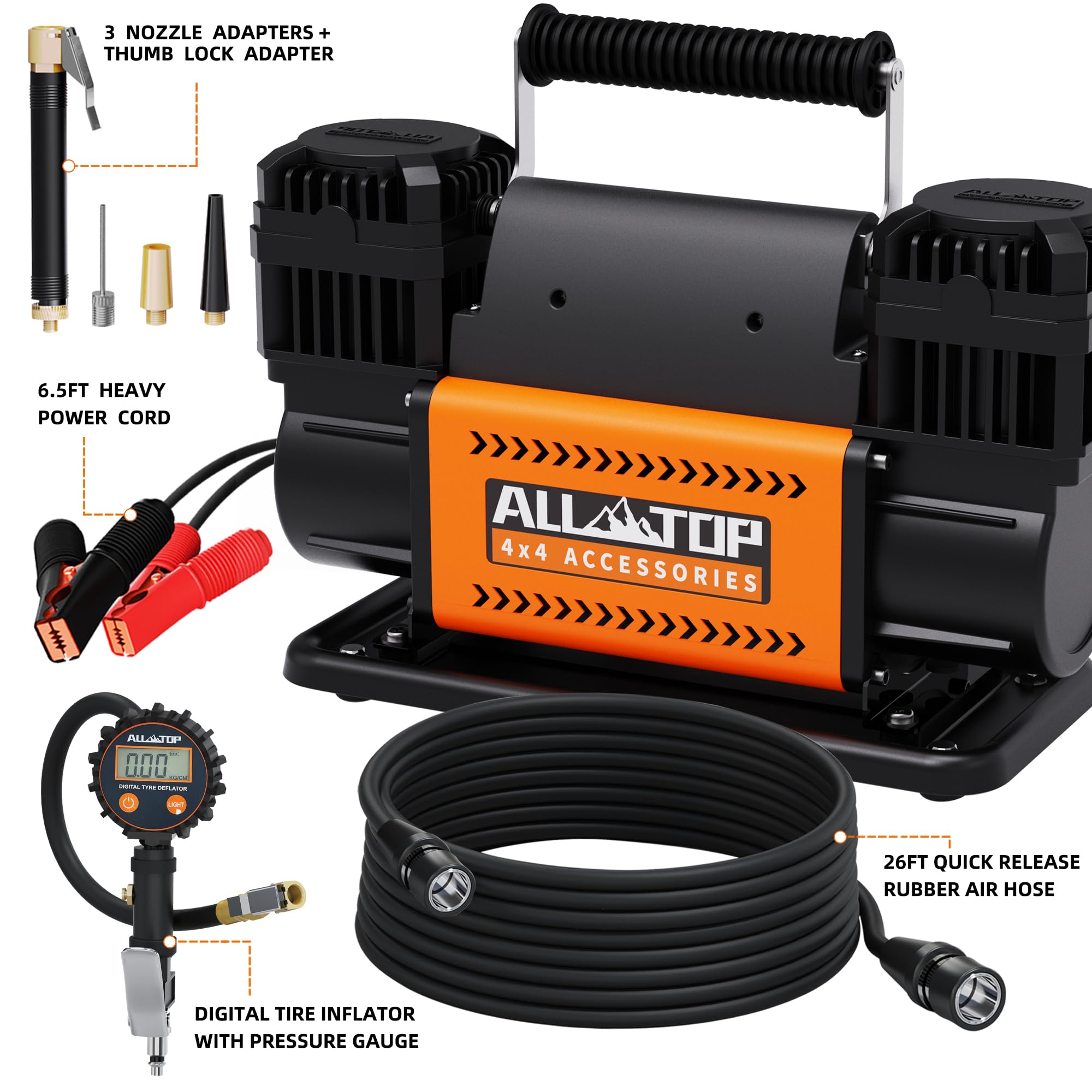 ALL-TOP Dual Cylinder Air Compressor - 12V Tire Inflator Kit, 350 L/Min, Digital Pressure Gauge, Max 150 PSI for Trucks & RVs