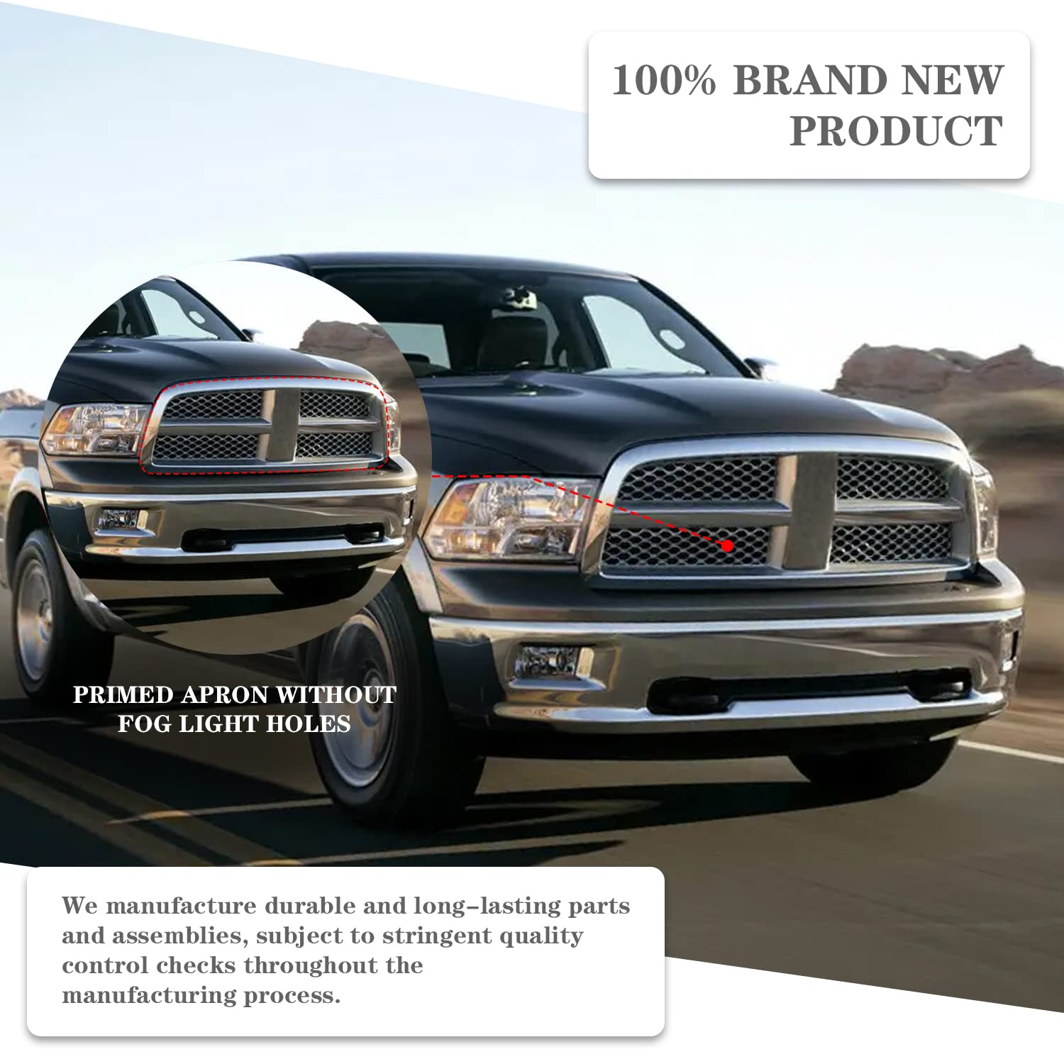 CarPartsDepot Front Grill Grille Assembly Replacement for Dodge Ram 1500/2500/3500, Unpainted, Chrome & Black Insert, 2006-2009