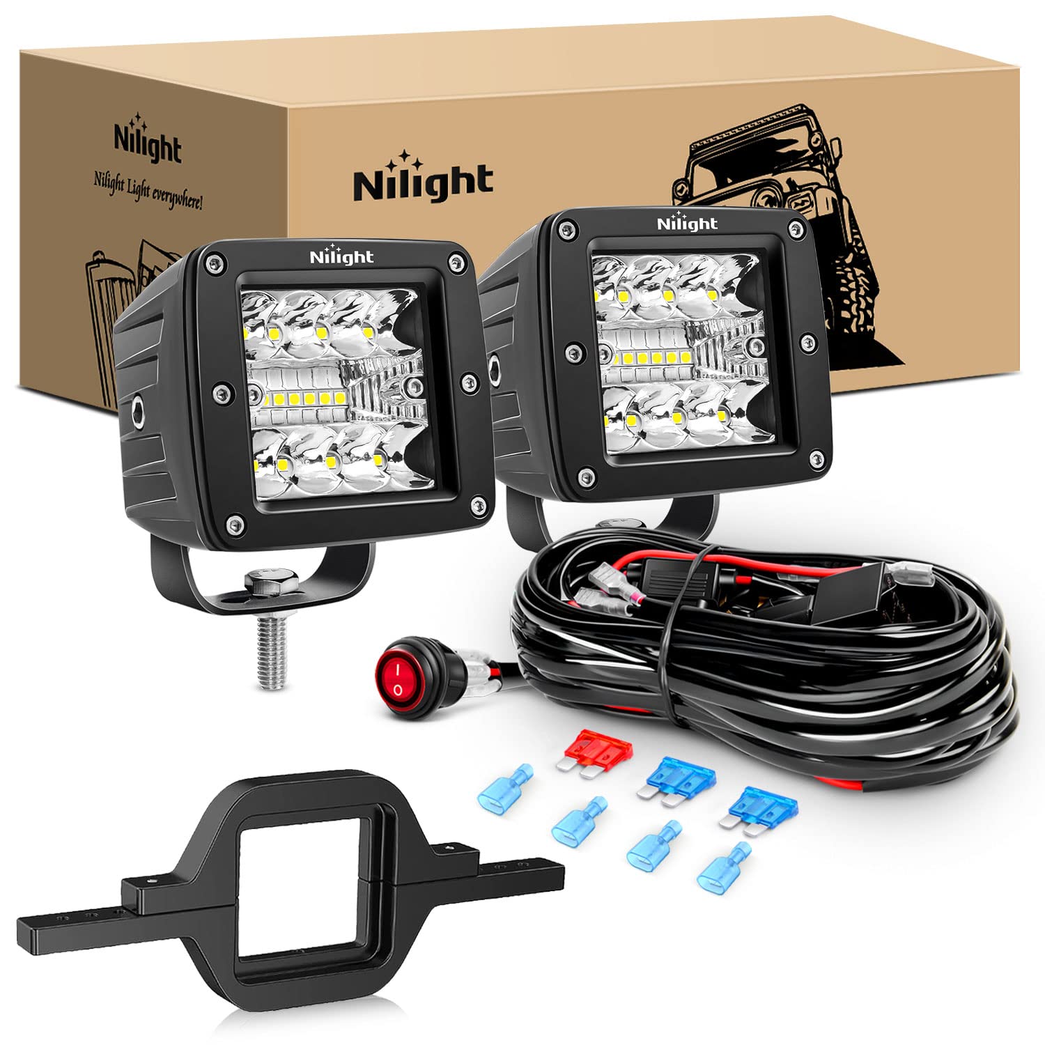Nilight 2Pcs 3 Inch Led Pods Cubes 2 - 25 Inch Tow Hitch Mounting Brackets Led Backup Reverse Lights Rear Search Light Bar Wirin