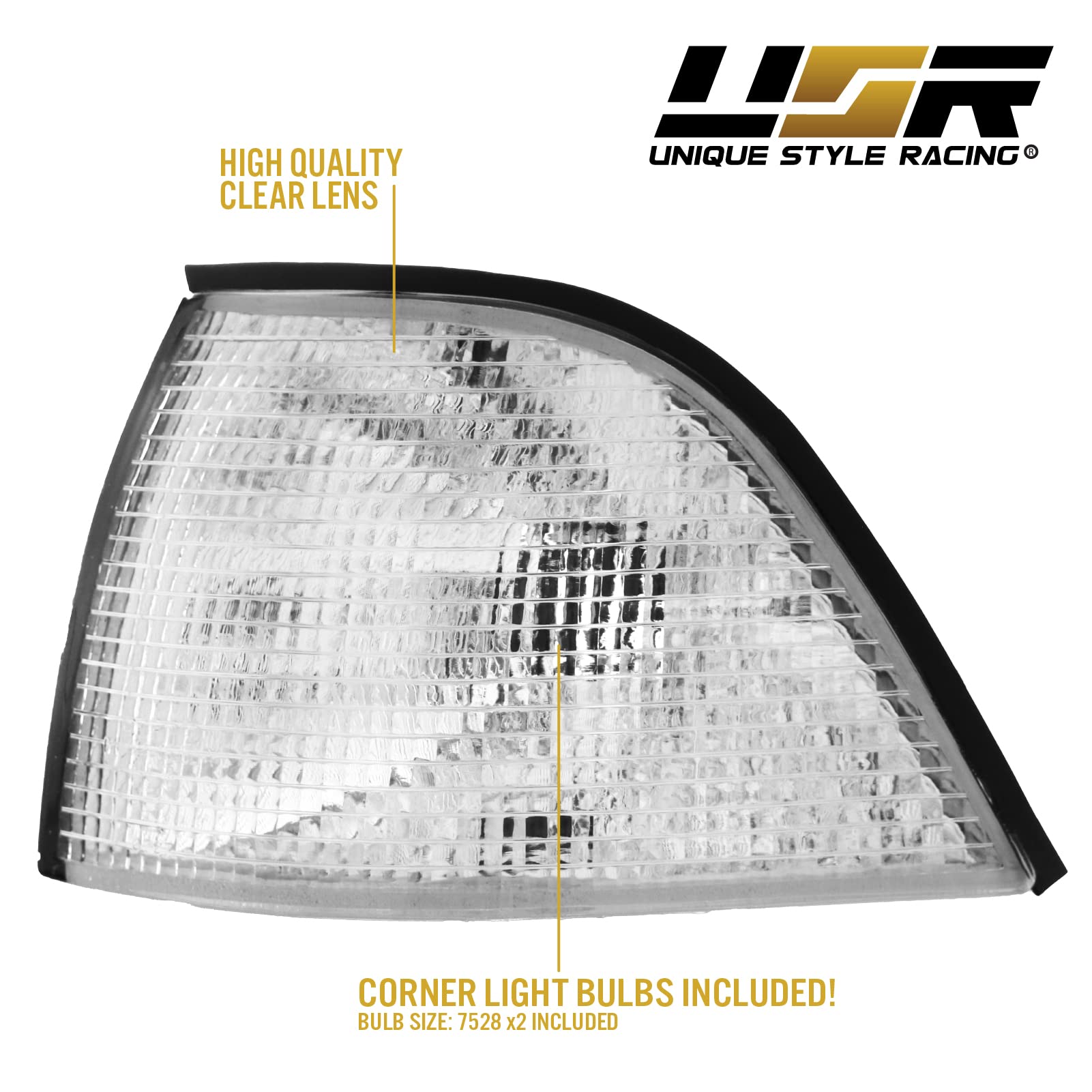 USR UNIQUE STYLE RACING DEPO E36 2D Corner Lights Set - Clear Lens, Amber Bulbs, Compatible with 1992-1999 BMW E36 Coupe/Convertible