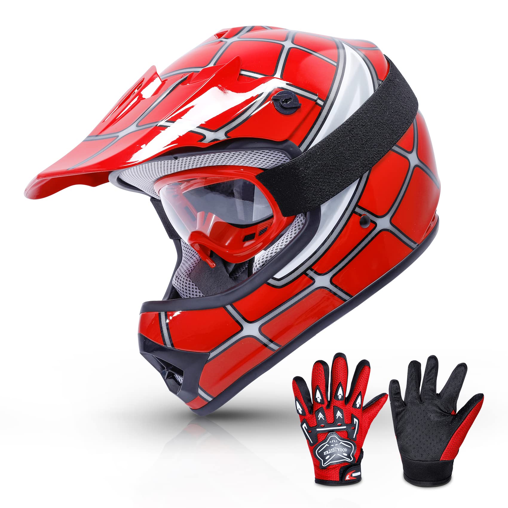TCMT Dot Youth & Kids Motocross Offroad Street Helmet - Red Spider Motorcycle Dirt Bike ATV Helmet With Goggles and Gloves - XL