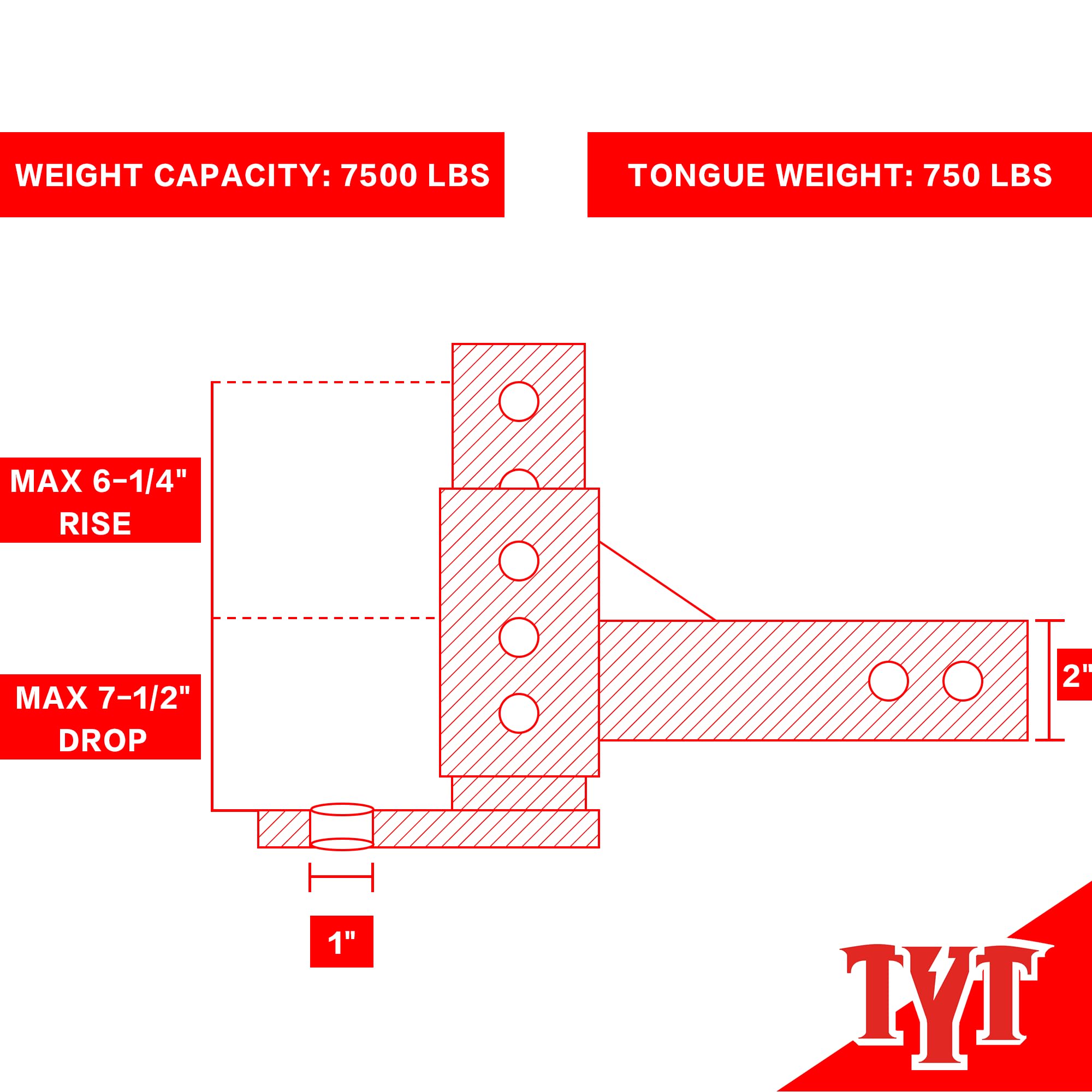 TYT Adjustable Trailer Hitch Ball Mount, 7500 lbs, 2-Inch Receiver, 5-1/2" Rise & 6-7/8" Drop, Alloy Steel, Black